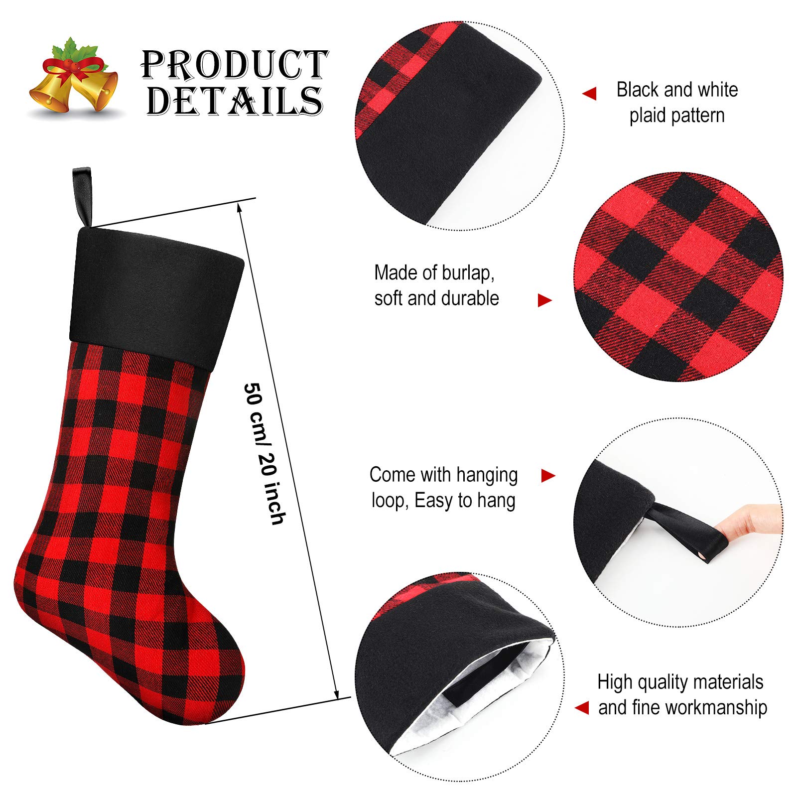 Skylety 20 Inch Christmas Stockings - Plaid Holiday Stockings with Faux Fur Cuff for Fireplace Decor - Family Xmas Party Decorations (Set of 6, Black Red with Black White Cuff) - Perfect for Christmas Tree, Mantel, and Festive Home Decor