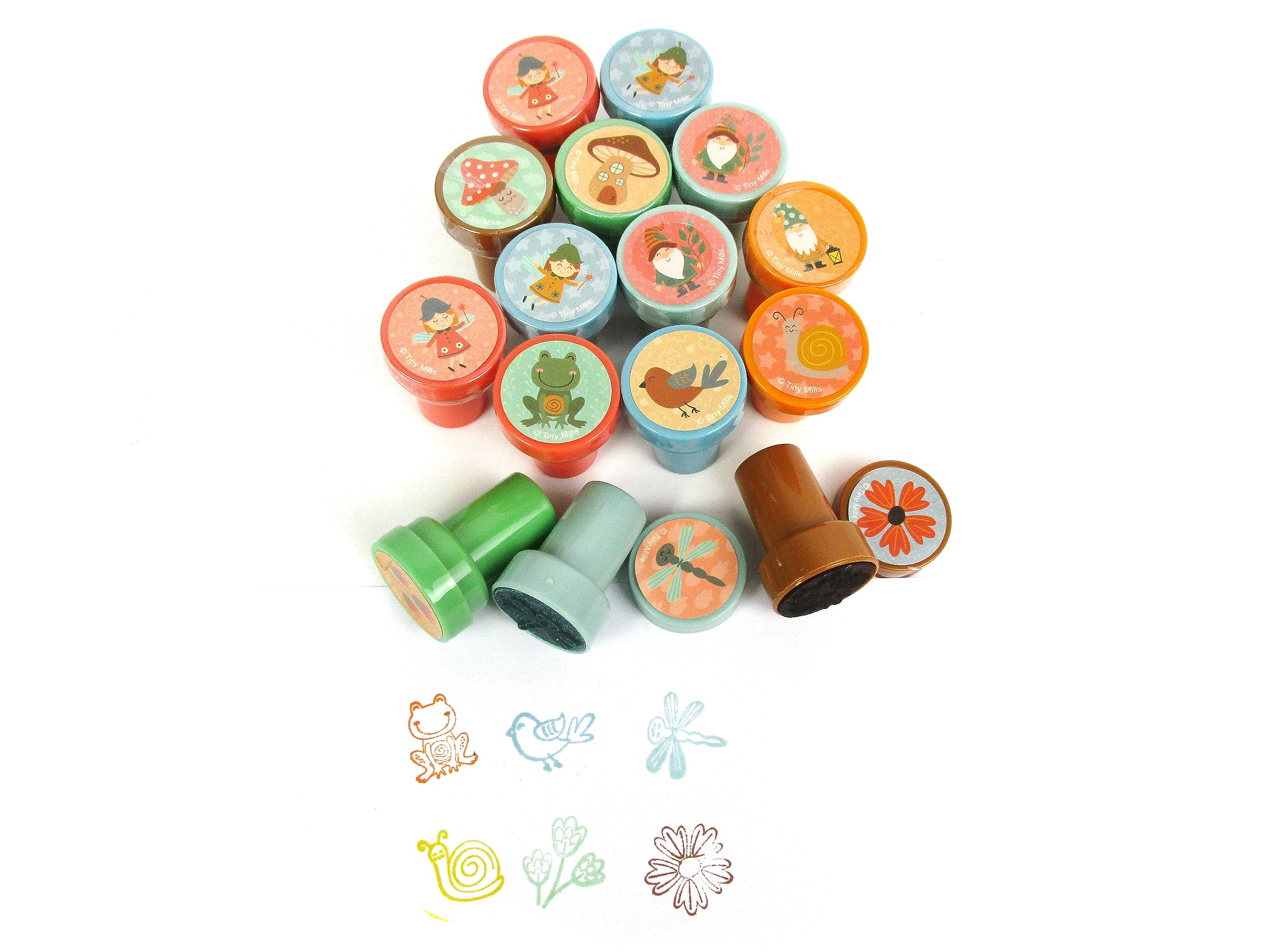 TINYMILLS 24-Piece Garden Fairy Tea Party Mushroom Stamp Set for Kids - 12 Assorted Self-Inking Designs | Perfect for Birthday Party Favors, Carnival Prizes & Goody Bag Fillers | Great for DIY Crafts, Scrapbooking & Kids' Creative Play