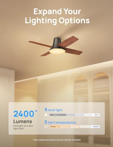 Dreo 44 Inch Low Profile Black Ceiling Fan with Lights and Remote Control - Reversible Blades, 5CCT, 6-Speed & 6-Level Dimmable, Ultra Quiet, Easy Installation, Timer Function - Perfect for Bedroom, Living Room, and Office Spaces