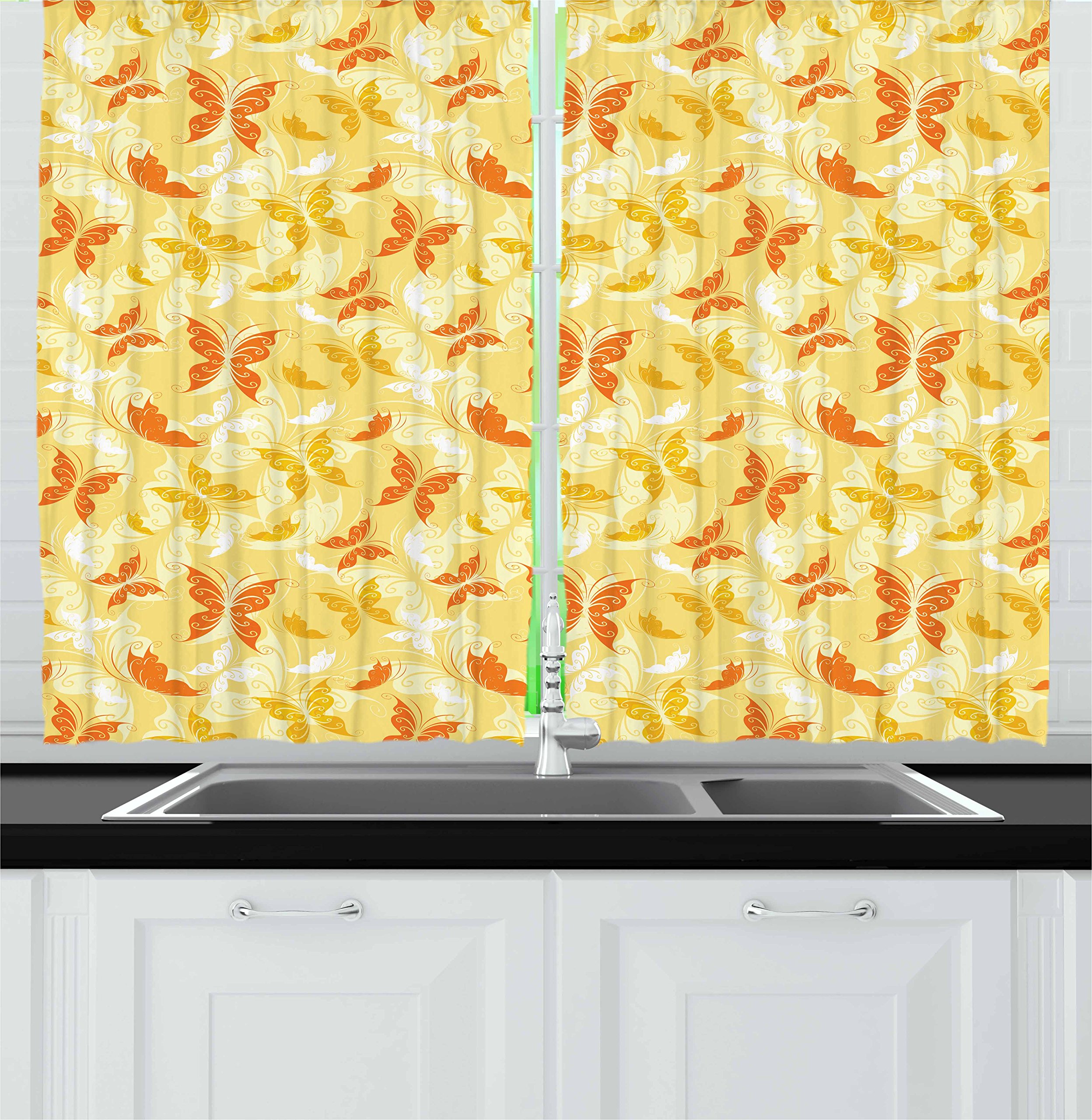 Ambesonne Yellow and White Kitchen Curtains Set of 2 - Butterfly & Swirl Design Spring Animals Print Window Drapes 55