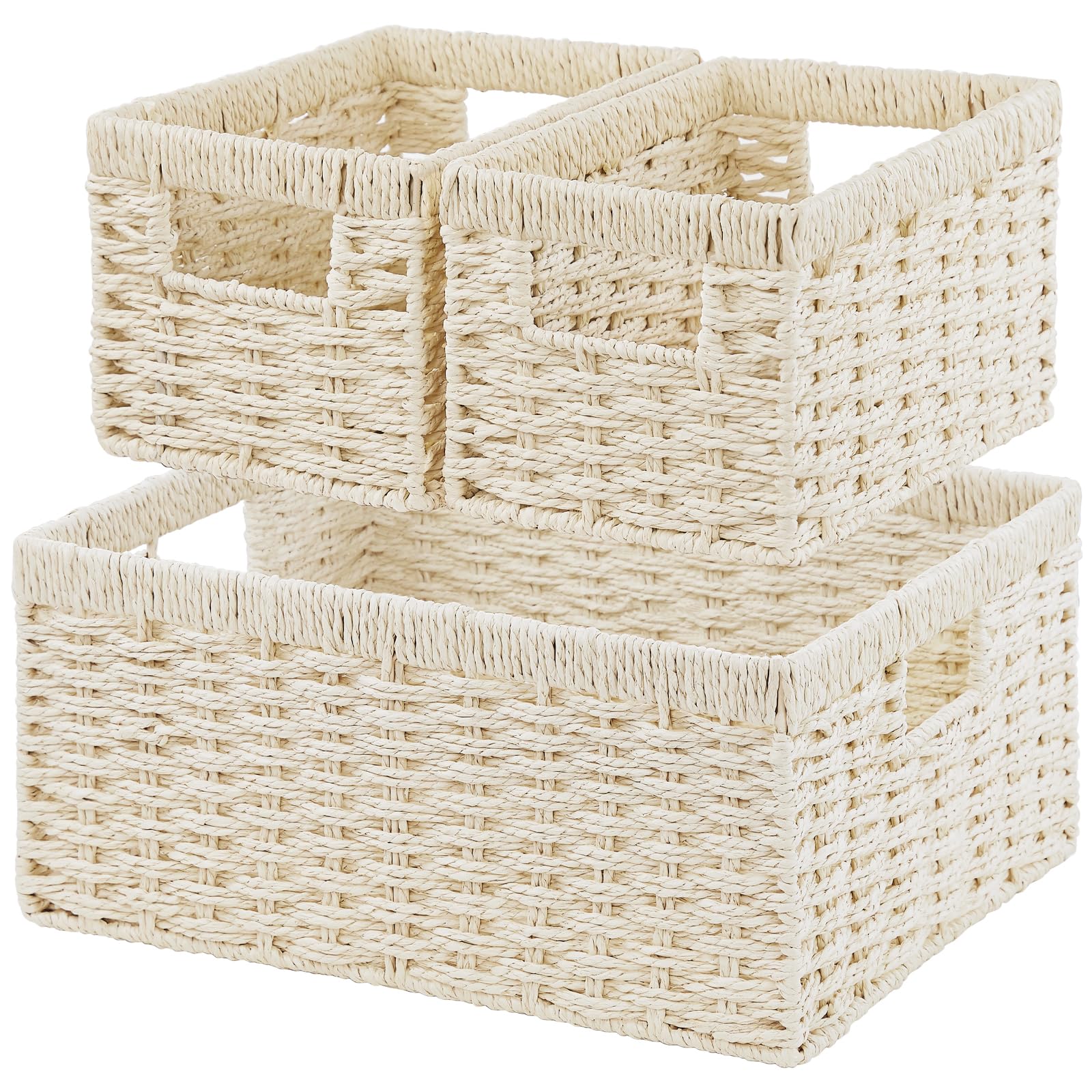 Vagusicc 6-Piece Woven Paper Rope Storage Basket Set - Large Cube Organizer Bins for Shelves, Bathroom, Living Room & Bedroom - Beige Wicker Baskets for Toilet Paper, Toys, Blankets & Home Organization