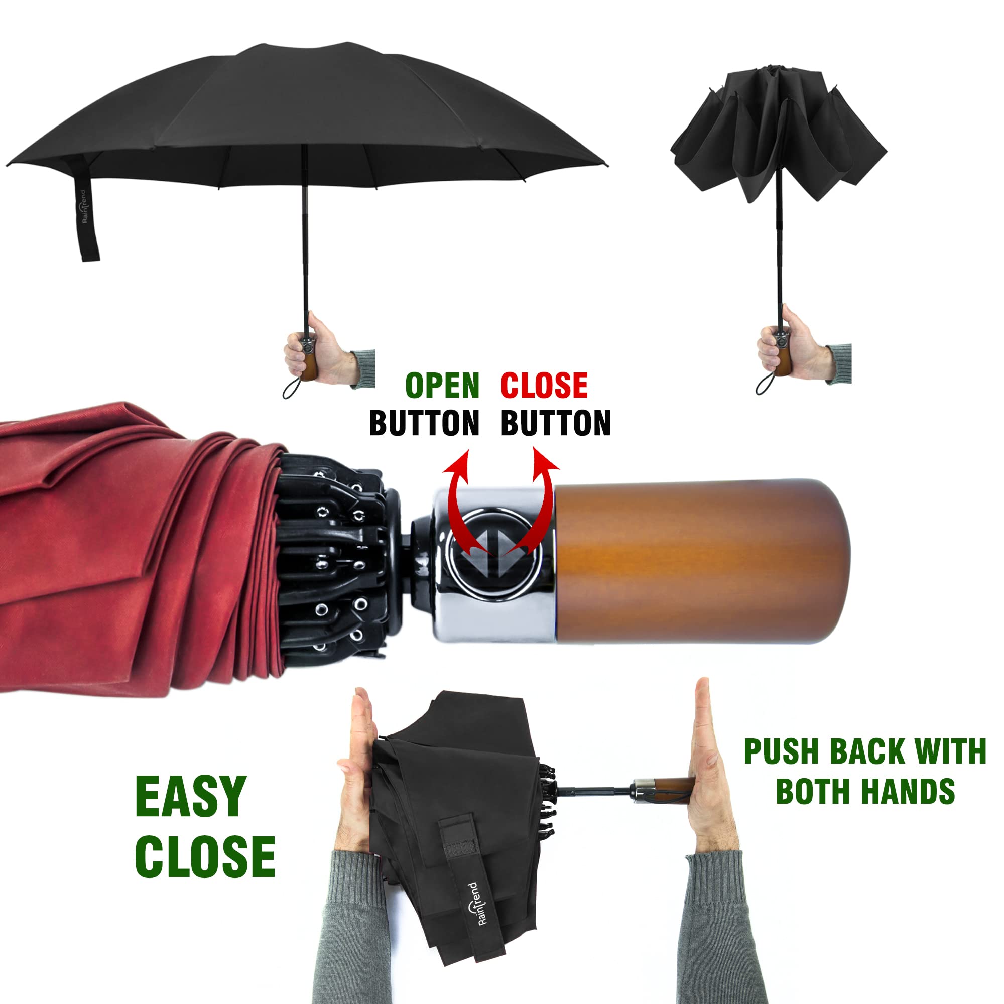 Windproof Automatic Open Travel Umbrella with 10% Larger Canopy & Durable Frame - Compact Folding Portable Rain Umbrella for Men, Women, Backpack & Purse - Perfect for Commuting, Travel & Outdoor Activities