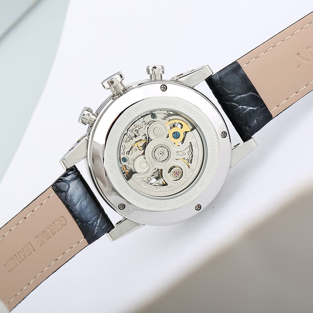 BERNY Men's Automatic Skeleton Watch with Real Diamond Dial - Multi-Function Waterproof Wristwatch with Genuine Leather Strap - Perfect for Business, Formal Events & Everyday Wear