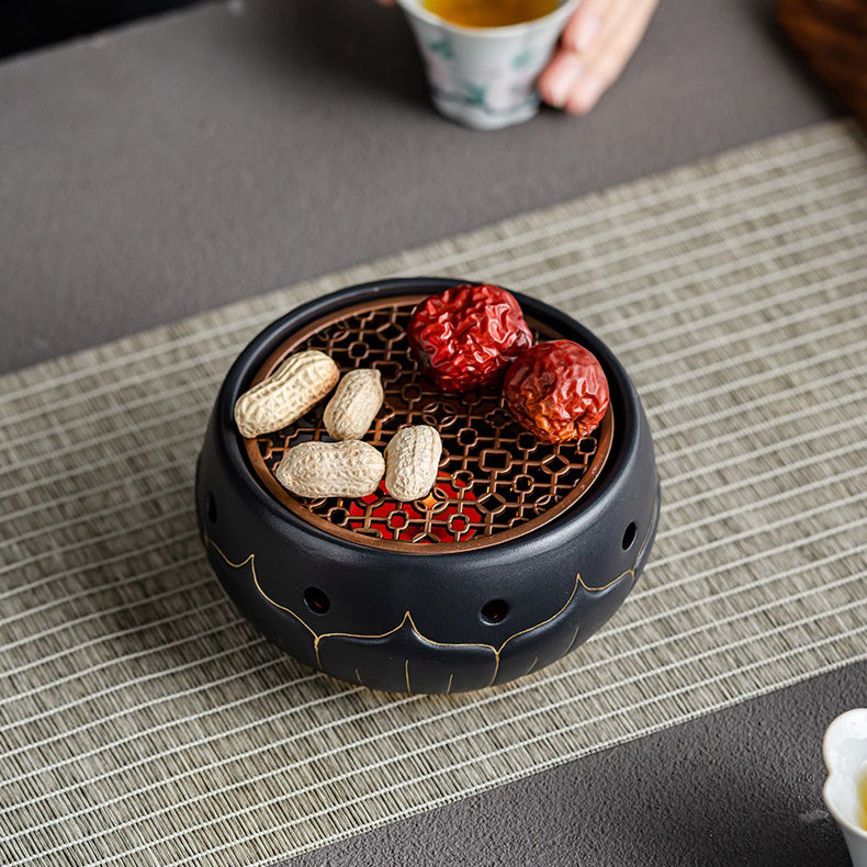 Premium Black Ceramic Lotus Tea Warmer - Elegant Tea Pot Warmer for Home & Office Use - Perfect for Tea Lovers & Gifts