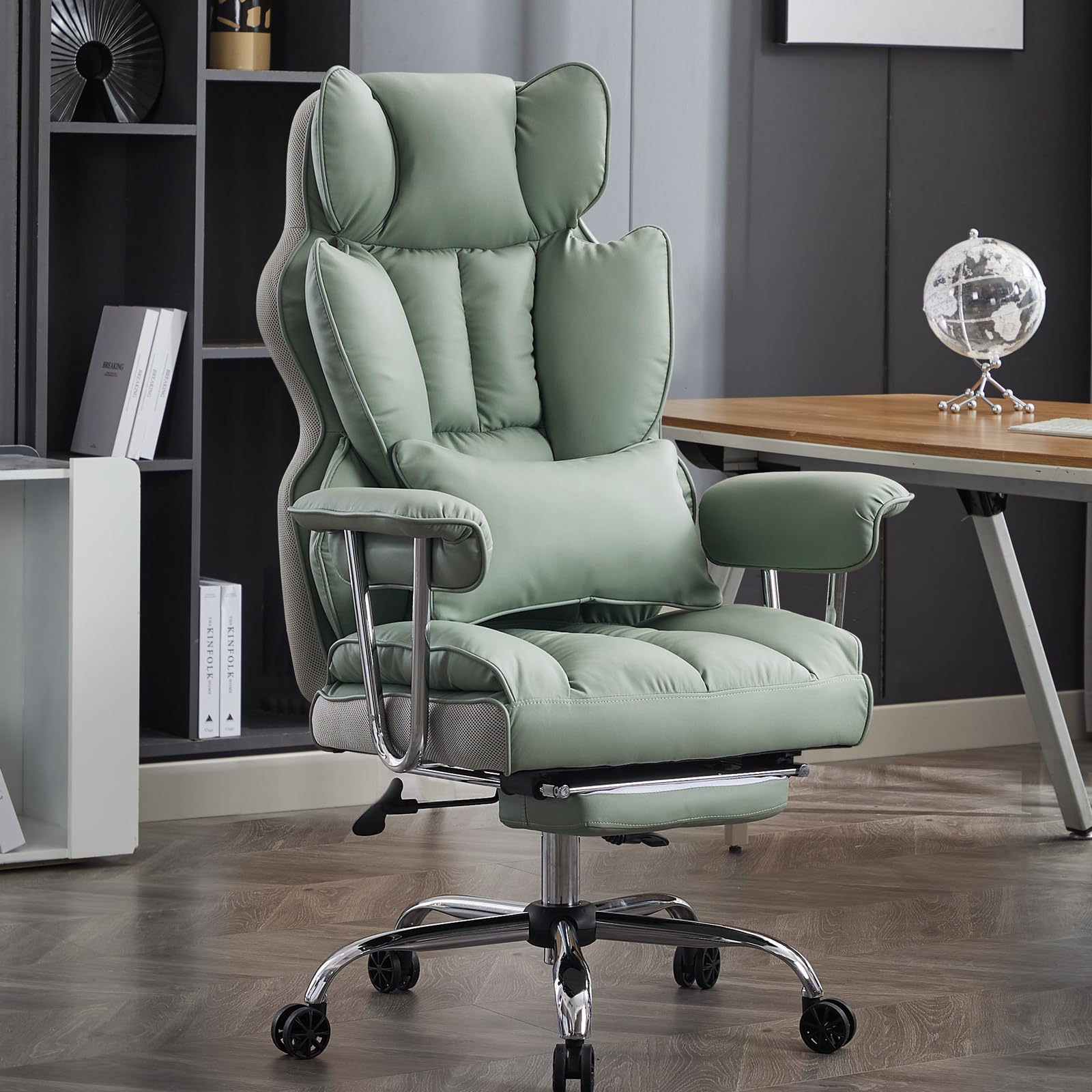 Efomao Big and Tall Office Chair 400lbs - Heavy Duty Executive Desk Chair with Footrest, PU Leather Computer Chair for Heavy People - Light Green Ergonomic Home Office Chair for Working, Gaming & Studying