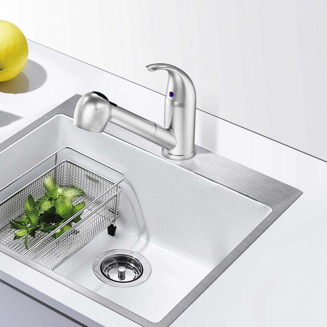 LEPO Single Handle Pull Out Kitchen Faucet - Brushed Nickel Stainless Steel Low Arch Design with Pull Down Sprayer - Perfect for RV, Bar, and Utility Sink Applications
