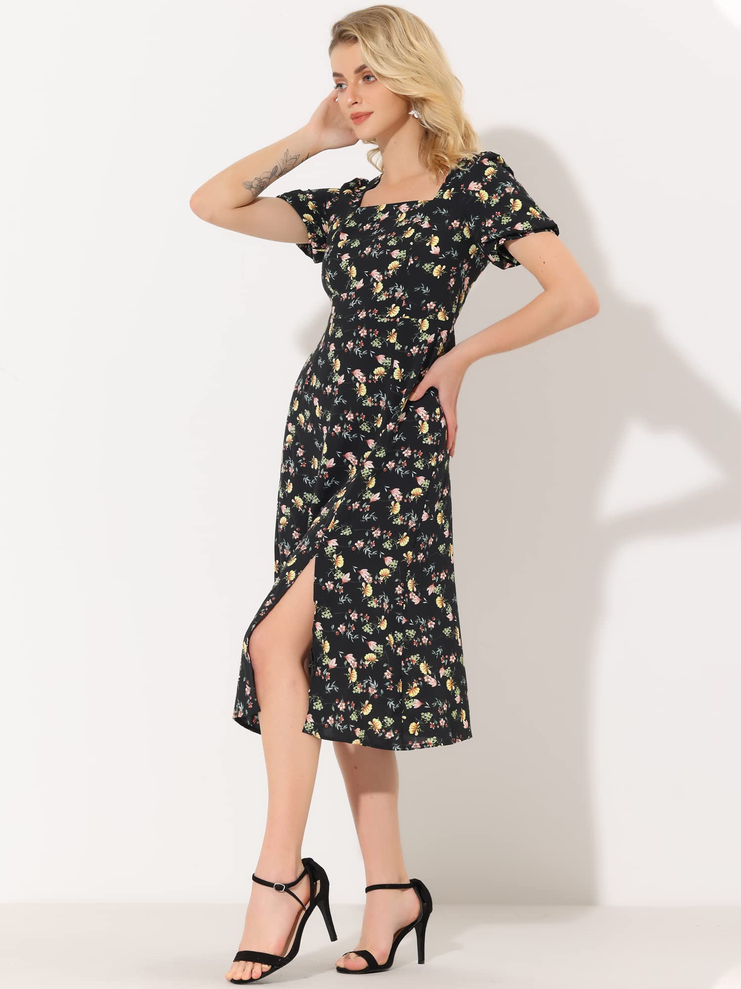 Allegra K Women's Floral Summer Dress - Square Neck, Puff Short Sleeve, Side Split Midi Dress for Casual Outings, Beach Vacations & Date Nights