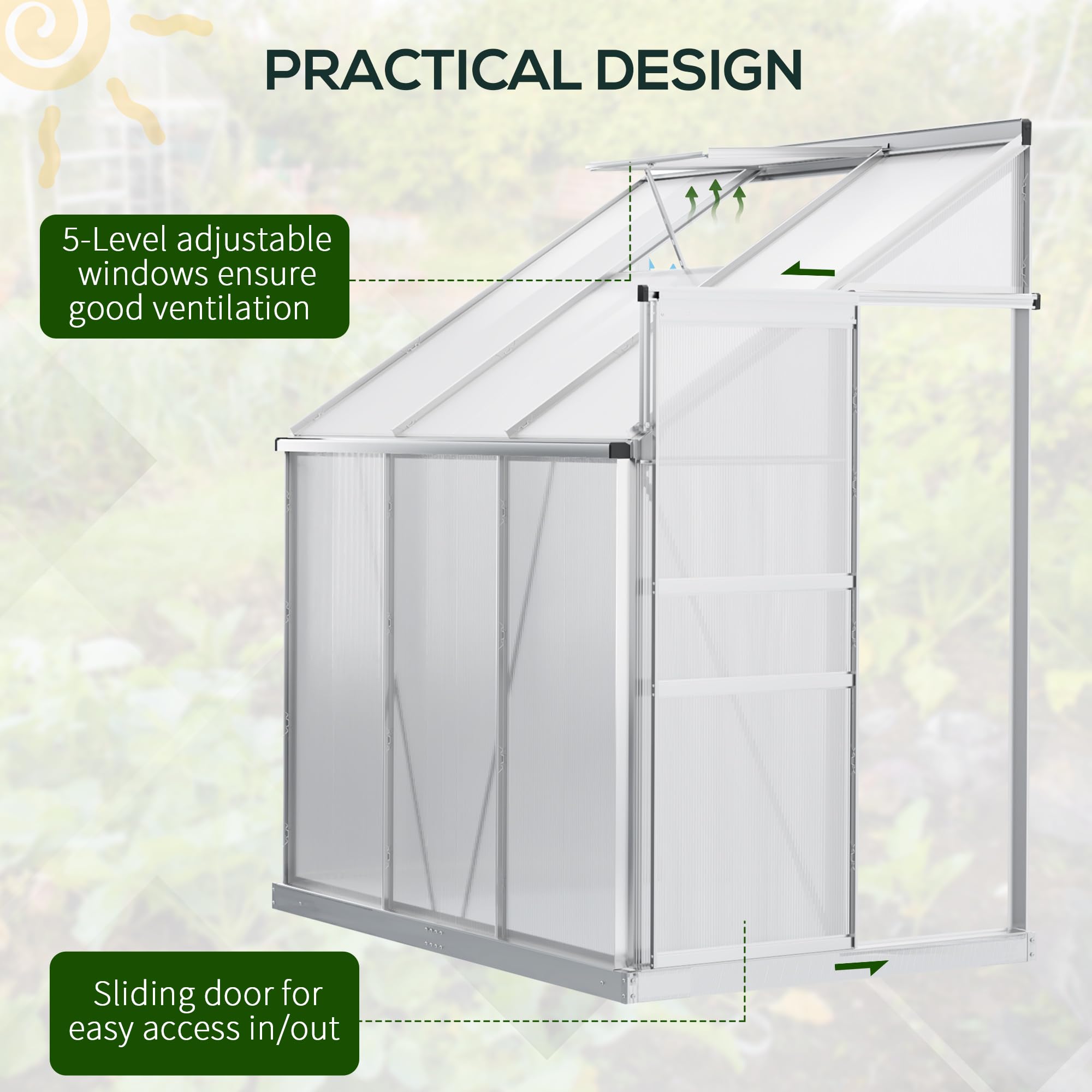 Outsunny 6x4 FT Aluminum Lean-to Polycarbonate Greenhouse with Adjustable Roof Vent, Rain Gutter & Sliding Door - Winter-Ready Walk-in Garden Greenhouse for Plants, Vegetables & Flowers - Perfect for Backyards, Patios & Small Gardens