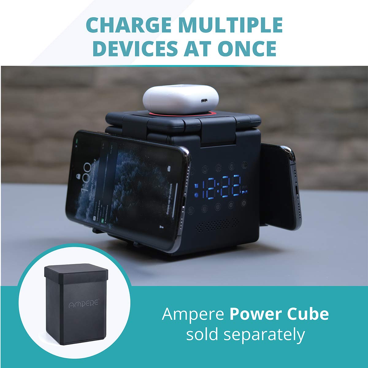 HyperCube 3-in-1 Foldable Wireless Charging Station - 10W Fast Charger for iPhone 13/14/15, Apple Watch Series 9/8/7, AirPods Pro & LED Alarm Clock - Includes 60W PD Adapter & 6.5ft USB-C Cable (Black) | Perfect for Bedside, Office, Travel & Nightstand Charging