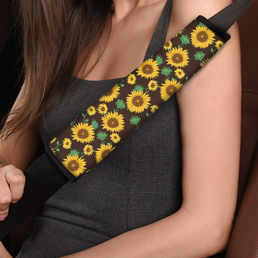 2 Pack Universal Car Seat Belt Shoulder Pads - Sunflower Pattern Black Strap Covers for Comfort & Safety | Perfect for Long Drives, Road Trips & Daily Commuting