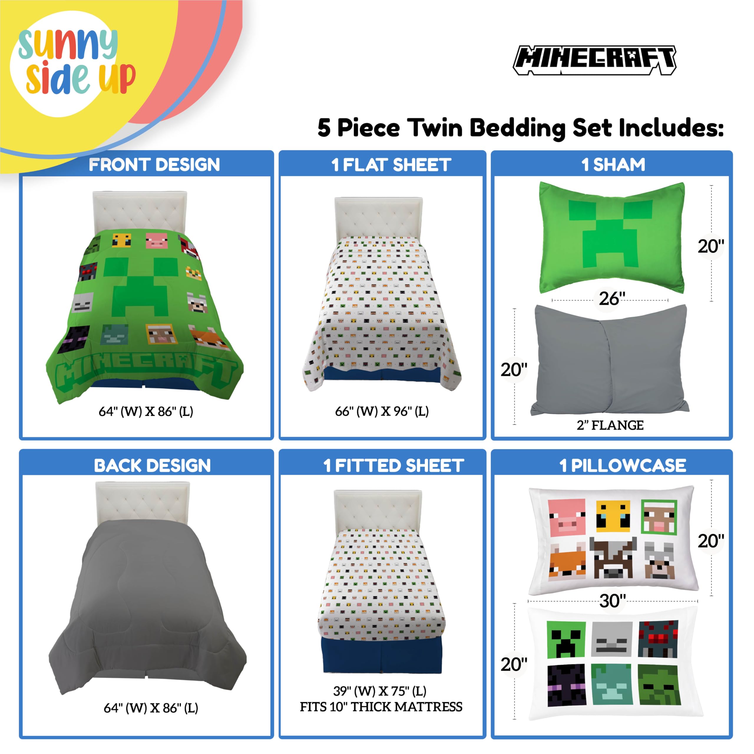 **Sunny Side Up Minecraft Twin Comforter Set - 5-Piece Kids Bedding with Comforter, Sheets & Pillowcase - Ultra Soft Microfiber Gamer Bed Set for Boys & Girls - Perfect for Bedrooms, Sleepovers & Gaming Rooms**