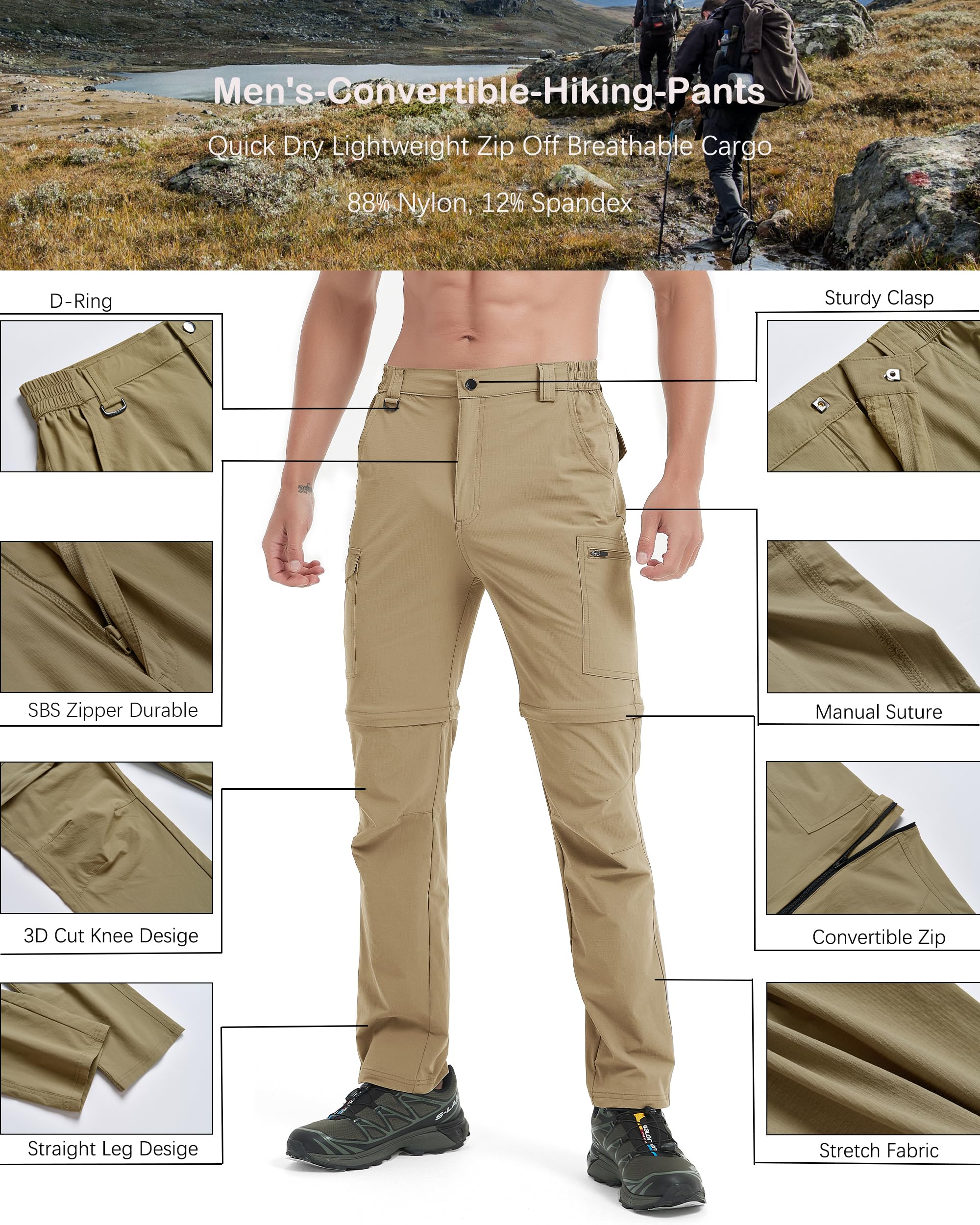 Men's Hiking Convertible Zip-Off Pants - Waterproof Quick-Dry Lightweight Outdoor Cargo Pants for Fishing, Safari, Travel & Work | Perfect for Camping, Trekking & Adventure Activities