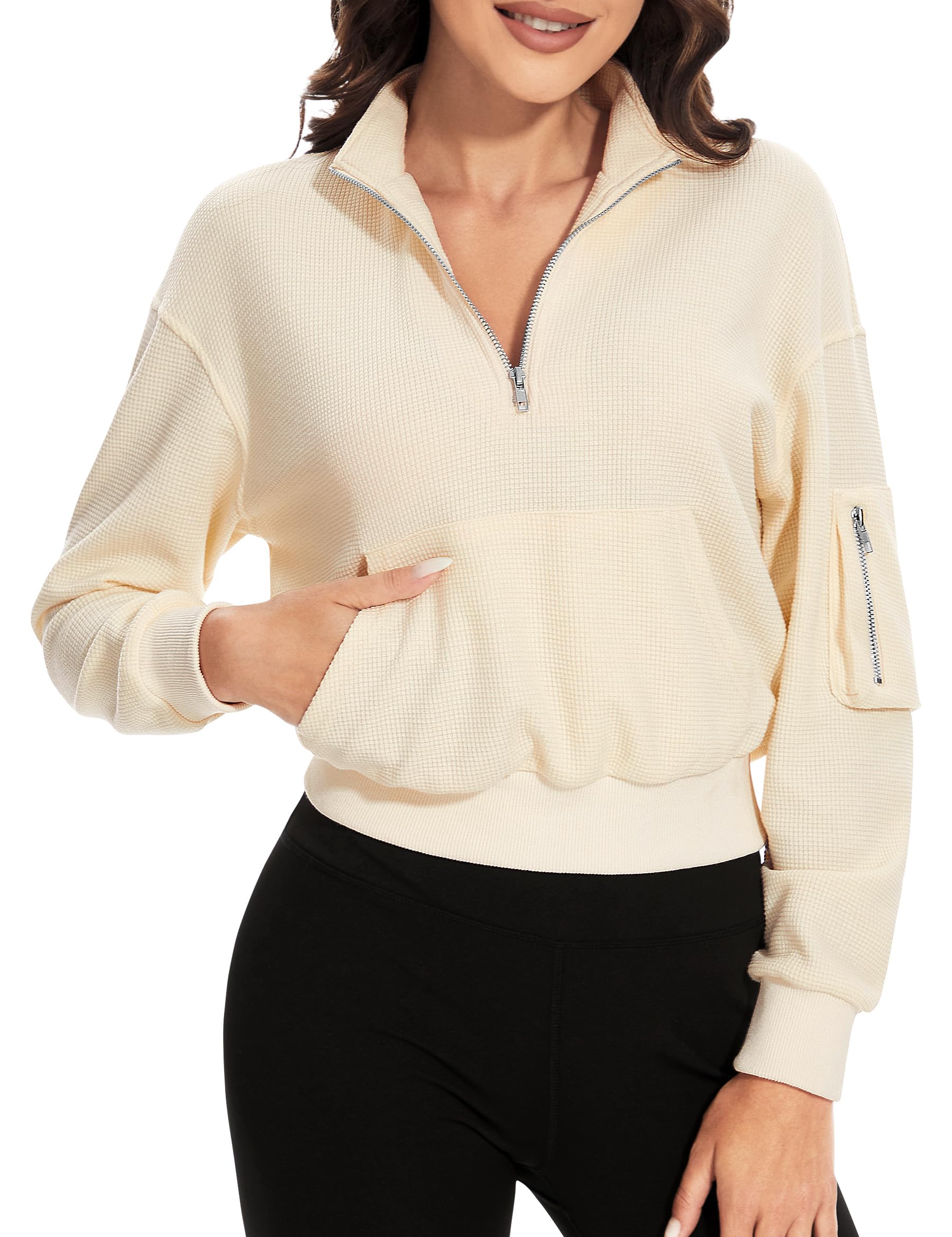 PHISOCKAT Women's Waffle Quarter Zip Pullover Sweatshirt - Stand Collar Cropped Hoodie with Kangaroo Pocket for Casual Wear & Outdoor Activities