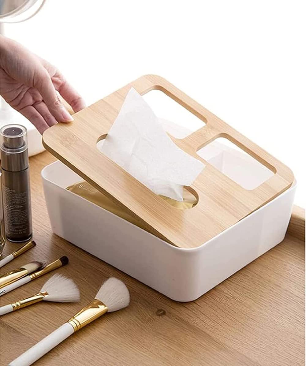 Wooden Tissue Box with Lid - 3 Compartment Organizer for Office & Home | Toilet Paper Storage, Pen Holder & Makeup Brush Organizer | Perfect for Living Room, Bathroom & Office Desk Organization