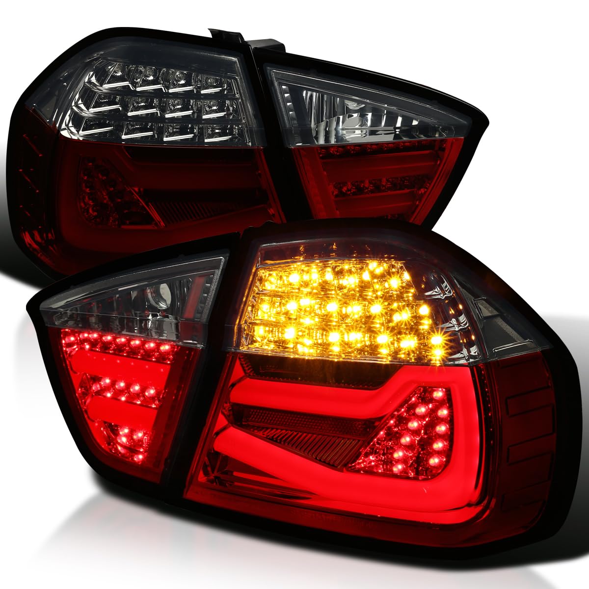 Spec-D Tuning Red Smoke LED Tube Tail Lights for 2005-2008 BMW E90 3-Series 4-Door Sedan - Left & Right Pair Assembly - Enhanced Night Visibility & Style Upgrade for Car Enthusiasts