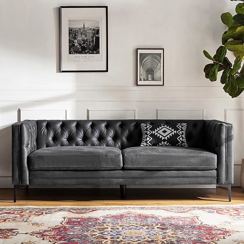 84'' Vegan Leather Tufted Sofa - Modern Faux Leather Couch for Living Room, Office & Lounge - Comfortable Mid-Century Style Sectional with Button Tufting