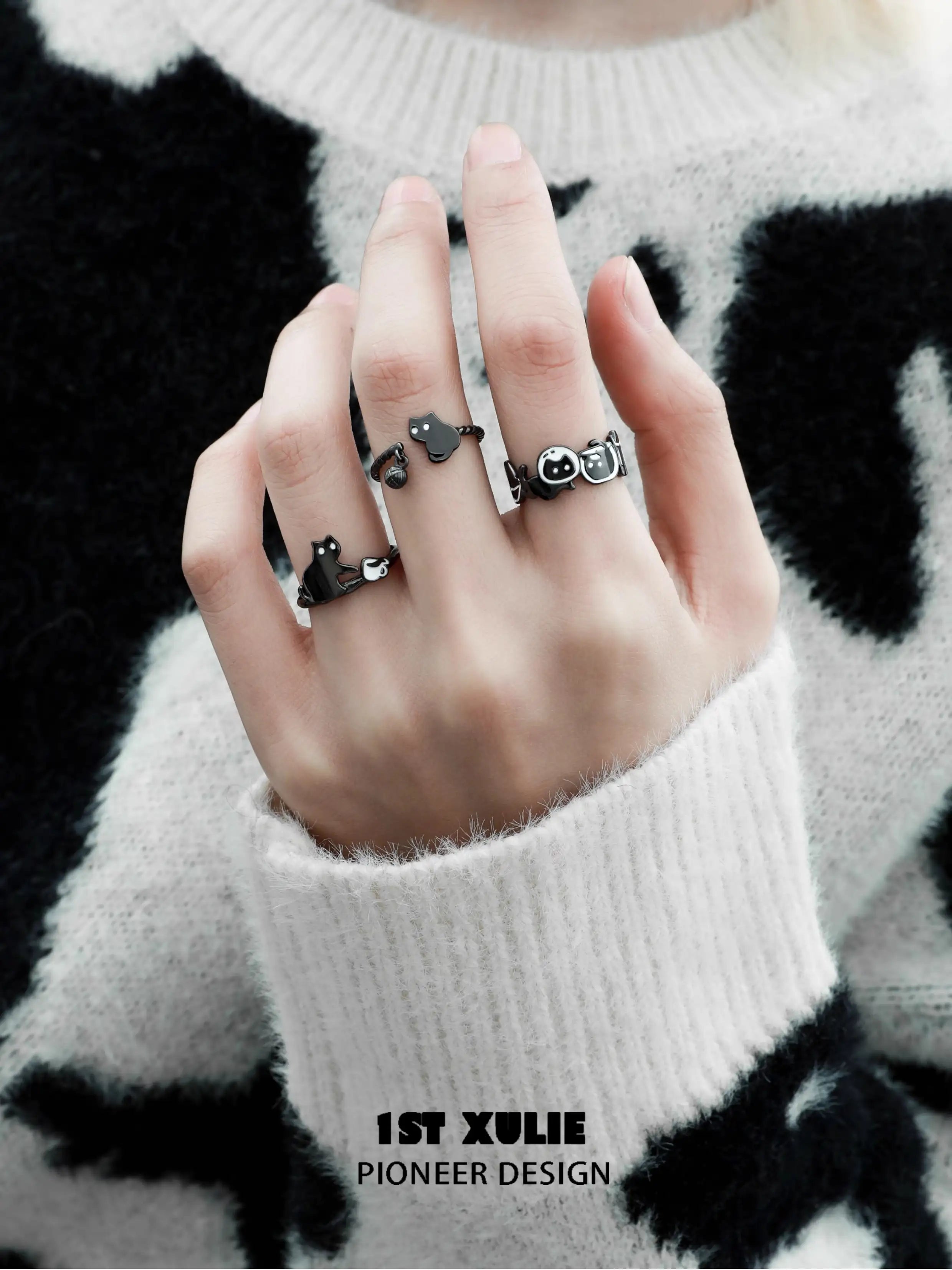 Black Cat Ghost Adjustable Sterling Silver S925 Thin Band Ring for Women - Perfect for Halloween, Gothic Fashion & Everyday Boho Jewelry