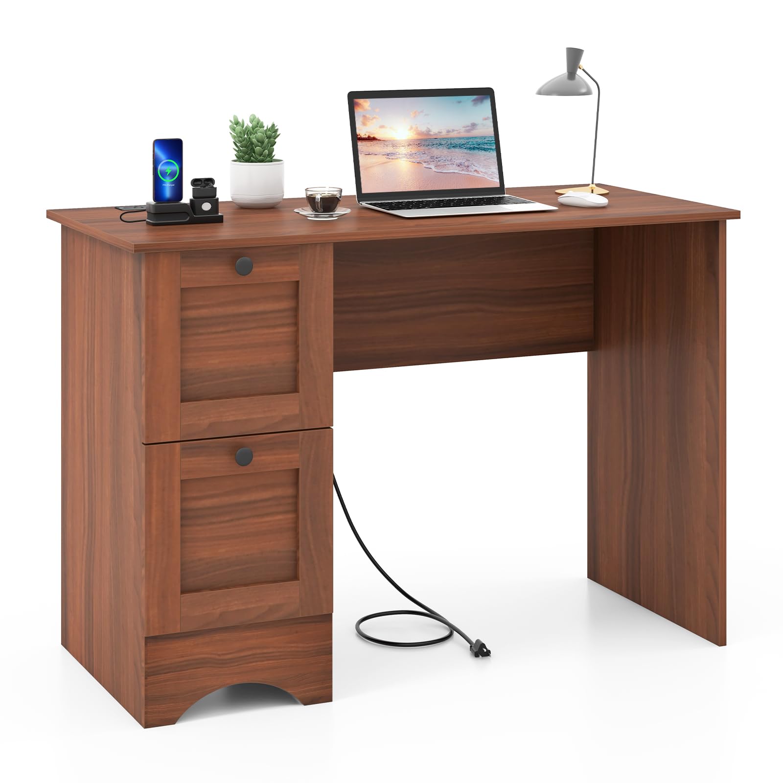 Tangkula Wooden Computer Desk with Drawers & USB Charging Station - Compact Home Office Desk for PC, Laptop & Notebook - Study Writing Workstation for Small Spaces - Perfect for Remote Work, Online Classes & Gaming Setup