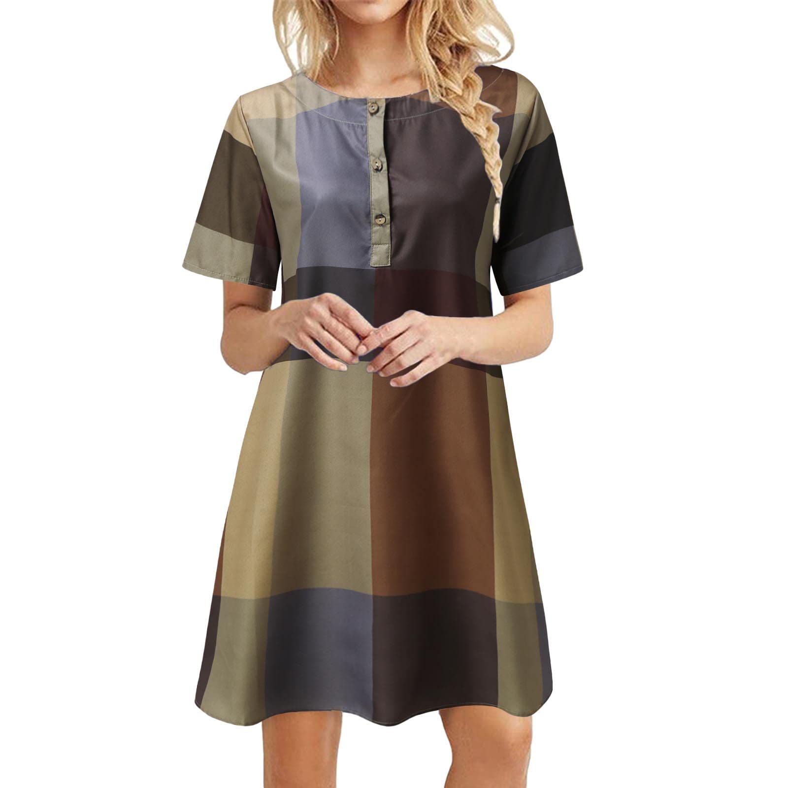 Women's Summer Casual T-Shirt Dress - Plaid Print Short Sleeve Button Down Dress for Beach, Vacation & Everyday Wear