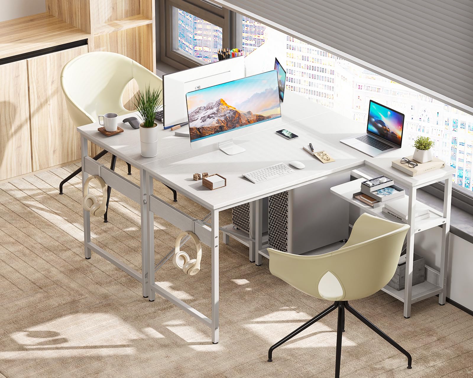 40 Inch Small L-Shaped Computer Desk with Reversible Storage Shelves - Modern Corner Writing Study Table with Iron Hook, White - Perfect for Home Office, Gaming & Small Spaces