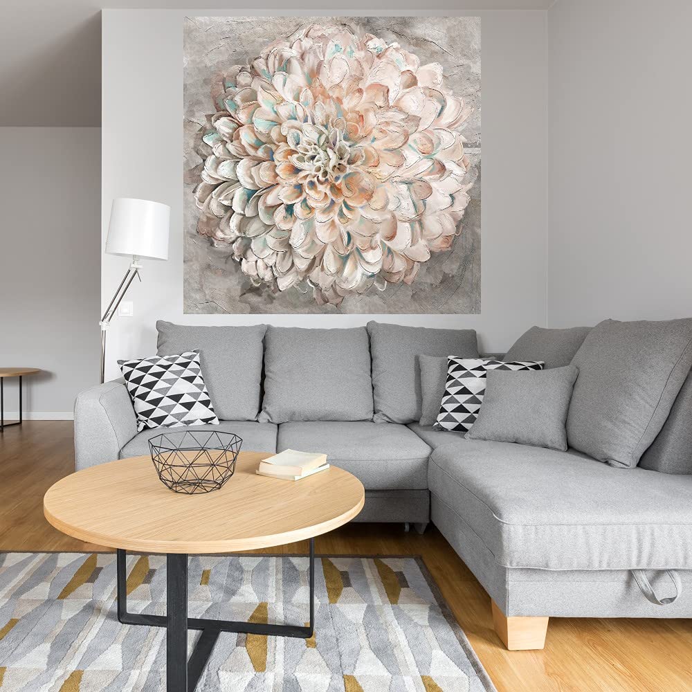 Fine Art Canvas Confetti Dahlia Wall Decor - Handmade Floral Painting for Living Room, Bedroom, Office - 32x32 Inch Ready-to-Hang Canvas Art - Perfect for Home Decor, Housewarming Gift & Interior Design