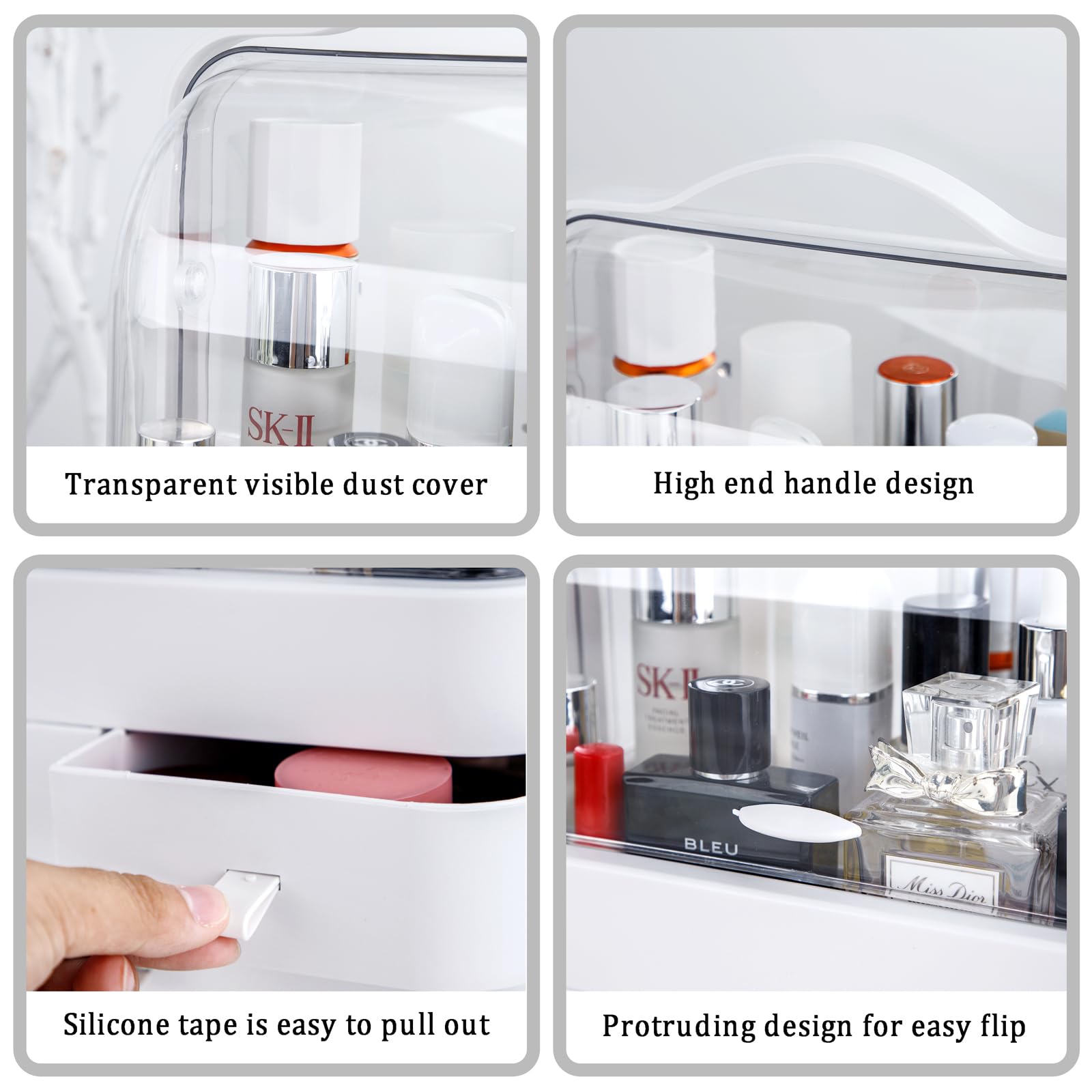 Premium White Makeup Organizer with Lid - 3-Tier Cosmetic Storage Box with Dustproof Cover & Portable Handle - Vanity Organizer for Bathroom Counter, Dresser, Travel & Gift Giving