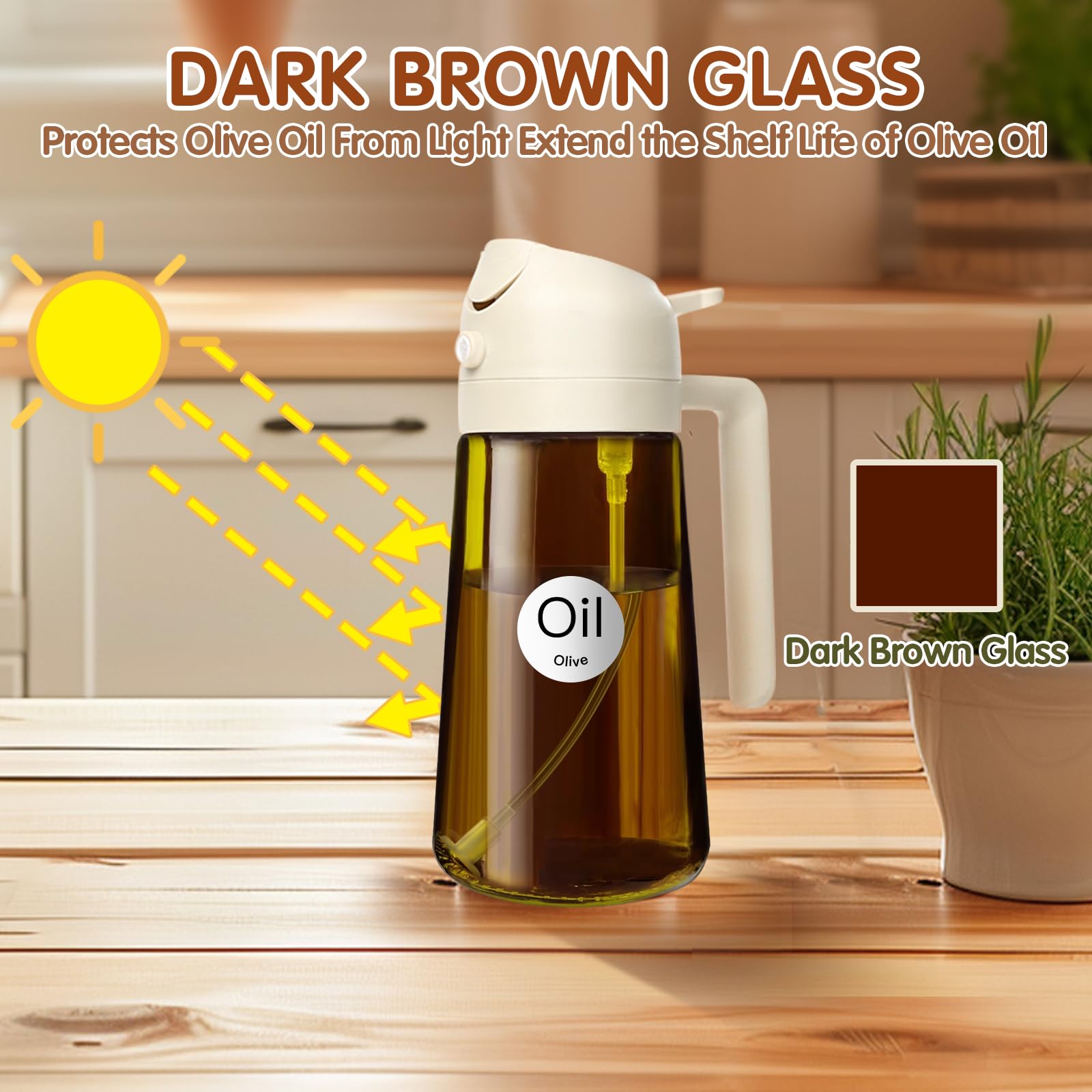 Premium 16oz/470ml Dark Amber Glass Oil Sprayer - 2-in-1 Light-Blocking Olive Oil Dispenser for Cooking, Kitchen & Air Fryer | Food Grade Oil Mister for Healthy Cooking, BBQ, Salad Dressing & Baking (White)