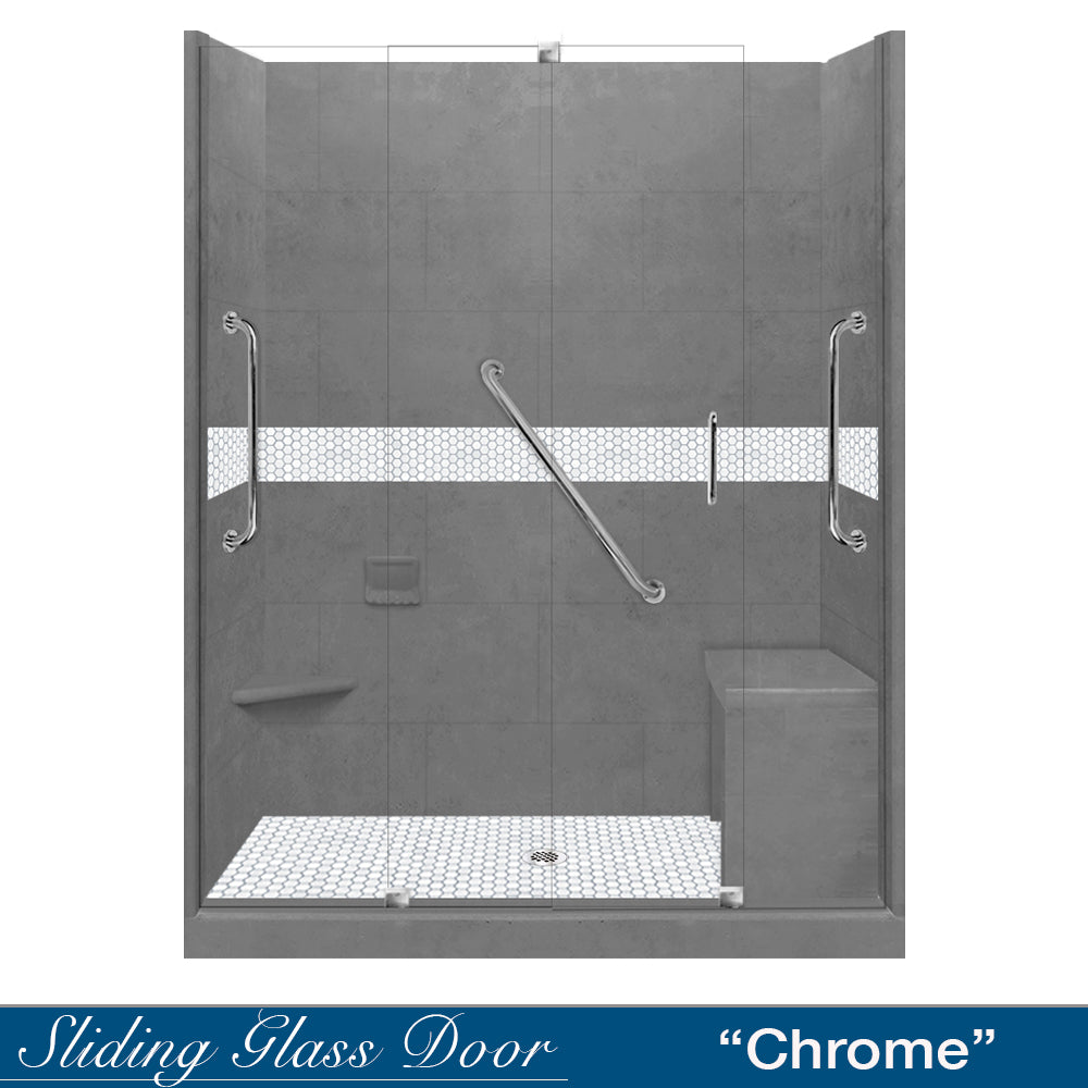 Freedom 60 Alcove Wet Cement Sistine Stone & Pearl Hex Mosaic Tile - DIY Shower Remodel Kit for Bathroom & Backsplash Renovation | Waterproof & Easy Installation
