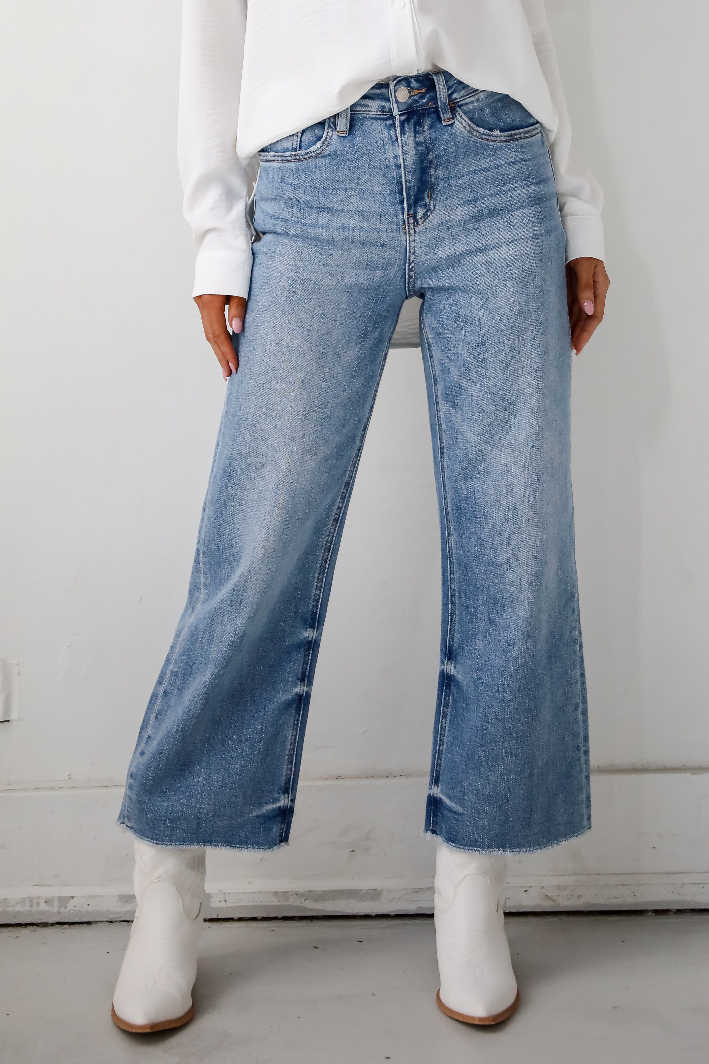 Abigail Medium Wash High Rise Wide Leg Jeans for Women - Comfortable Stretch Denim Pants for Casual Wear & Everyday Outfits