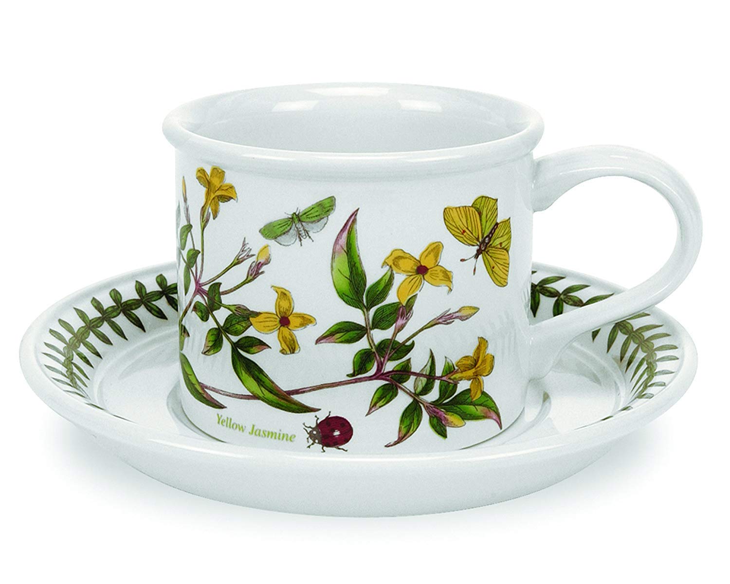 Portmeirion Botanic Garden 7oz Teacup and Saucer Set of 4 - Poppy Floral Design, Drum Shaped Porcelain Tea Cups with Chip-Resistant Glaze - Dishwasher, Microwave, Oven Safe - Perfect for Afternoon Tea, Bridal Shower, Mother's Day Gift, and Home Decor