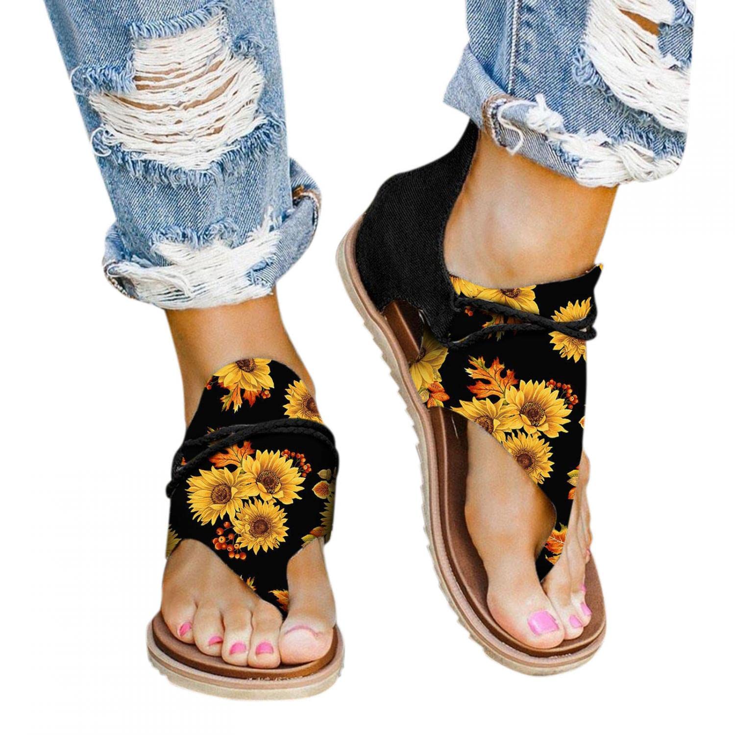 Masbird Women's Platform Sandals - Clip Toe Flat Boho Sandals with Floral Print & Back Zipper | Summer Beach Flip Flops & Casual Slippers for Women | Perfect for Vacation, Poolside, and Outdoor Adventures