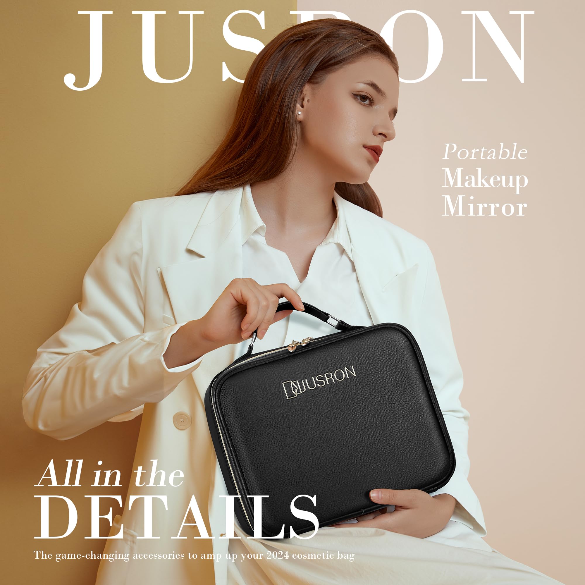 JUSRON LED Makeup Bag with Mirror - 3 Color Settings for Travel & Vanity