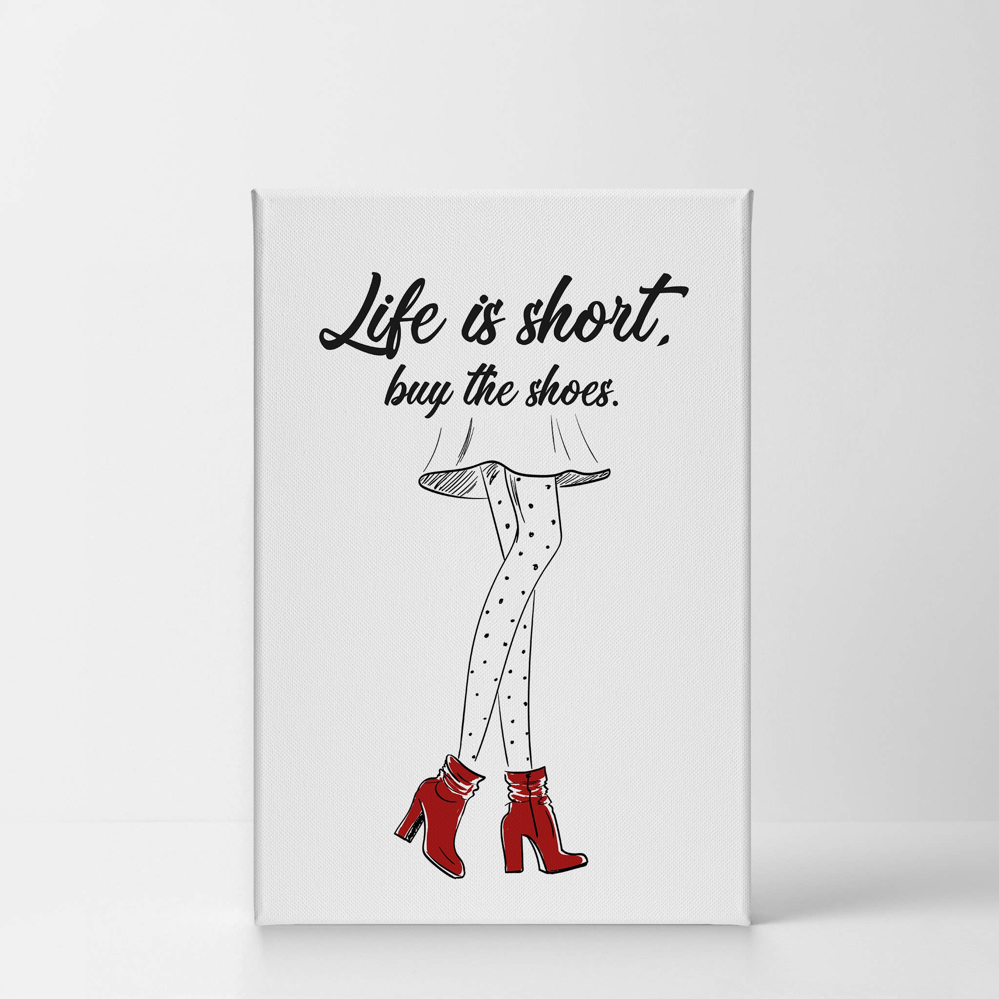 Life is Short Buy the Shoes Quote Wall Art - Red Boot Sketch Glam Fashion Canvas Print for Women's Office, Bathroom, Girls Room, Dorm, Bedroom & Living Room Decor - Ready to Hang 40x30 Inches - Perfect Motivational Gift for Shoe Lovers & Fashion Enthusiasts