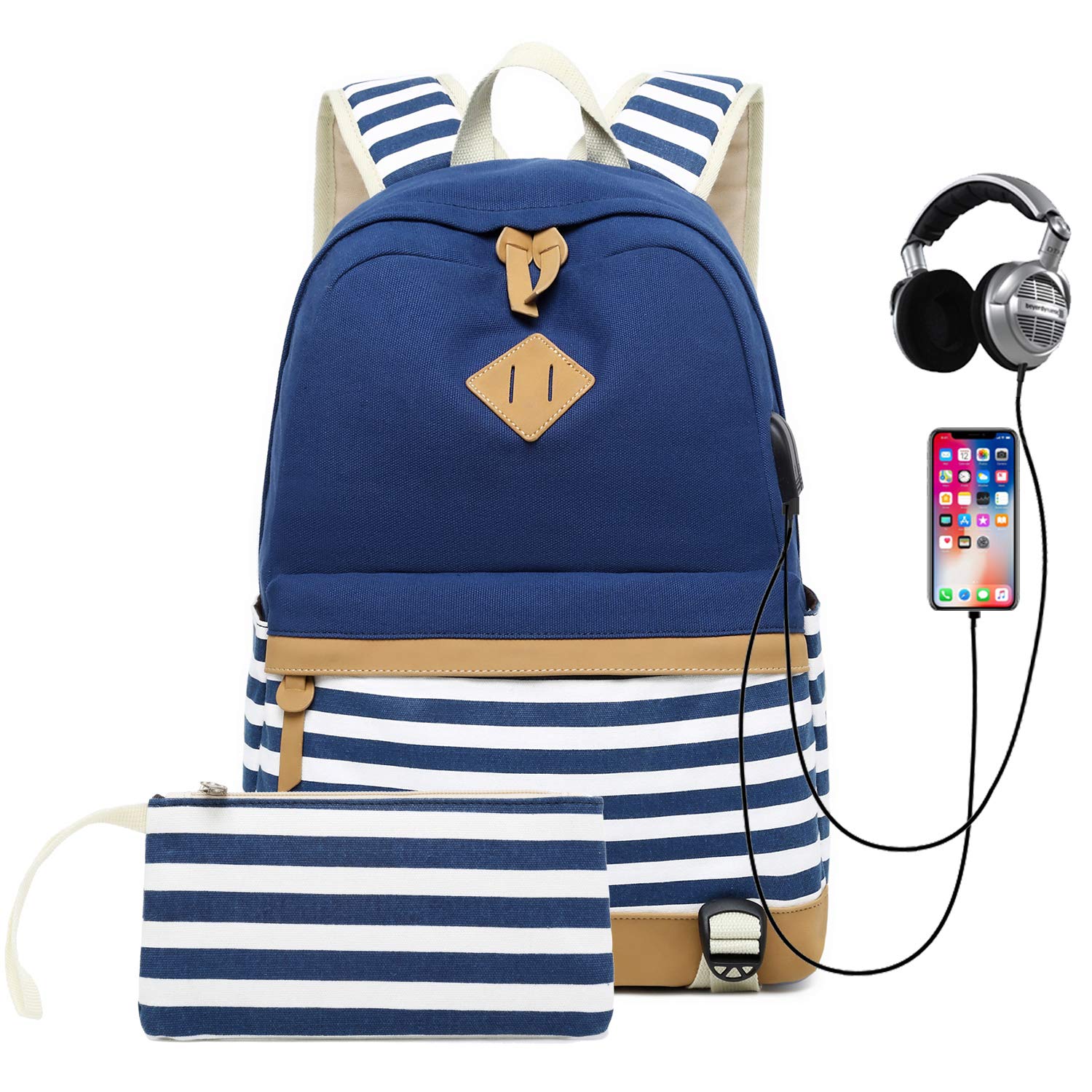 Geek-M Teen Girls Backpack - Durable Canvas School Backpack with USB Charging Port & Headphone Jack - Lightweight Student Rucksack for High School, College, Travel & Daily Use