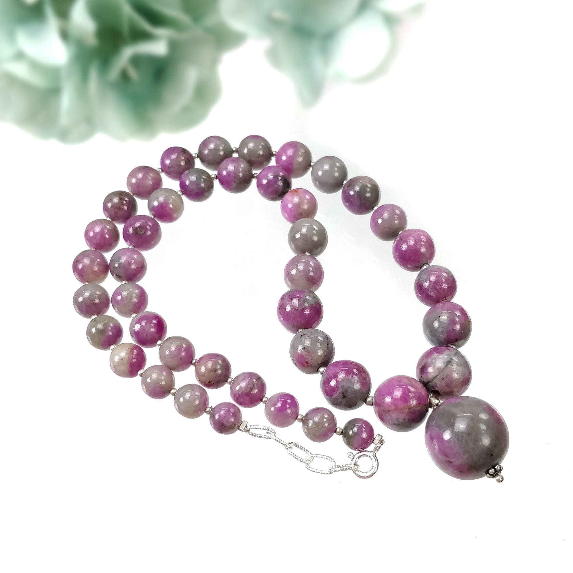 Natural Untreated Bi-Color Zoisite Ruby Gemstone Necklace - 334.15cts Genuine Ruby Balls with 925 Sterling Silver (7mm, 17mm, 18mm) | Elegant Jewelry for Women, Perfect Gift for Birthday, Anniversary & Special Occasions