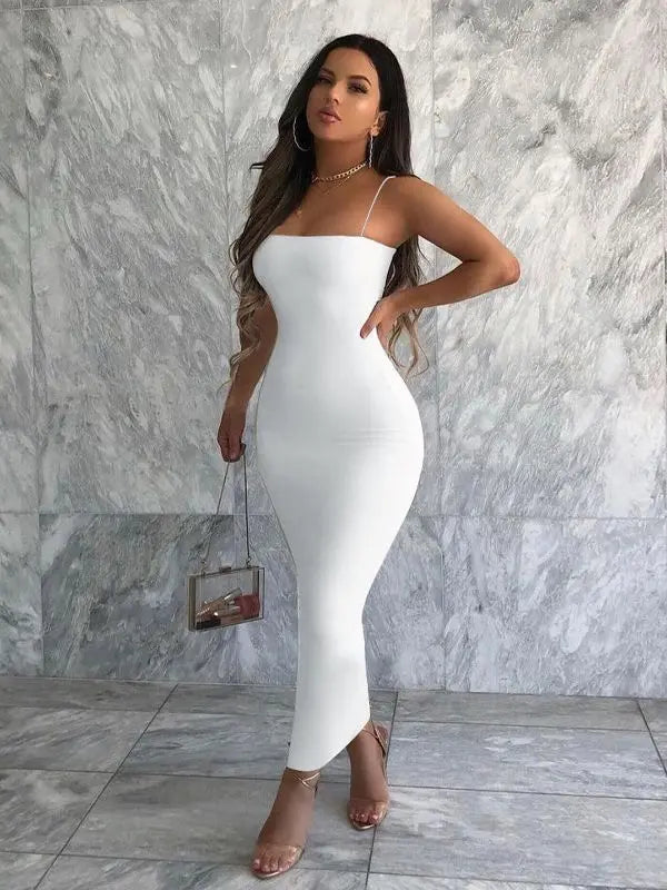 Women's Solid White & Black Strap Midi Bodycon Dress - Sexy Elegant Streetwear for Party Club Night Out | Fall Winter Fashion Outfit