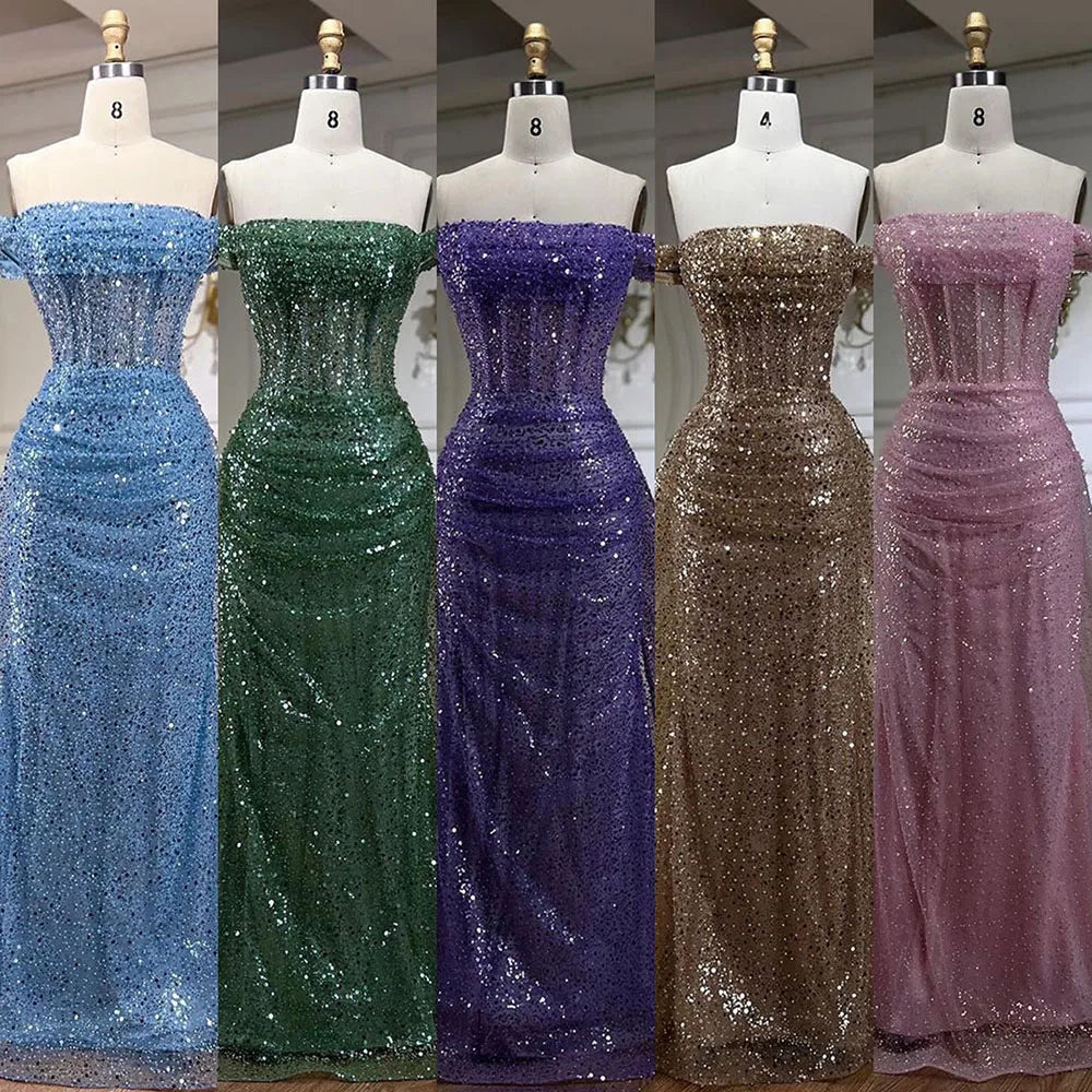 Elegant Blue Mermaid Off-Shoulder Beaded Sequined Evening Gown with Overskirt for Women - Perfect for Prom, Party & Formal Events 2025 (LA72204)