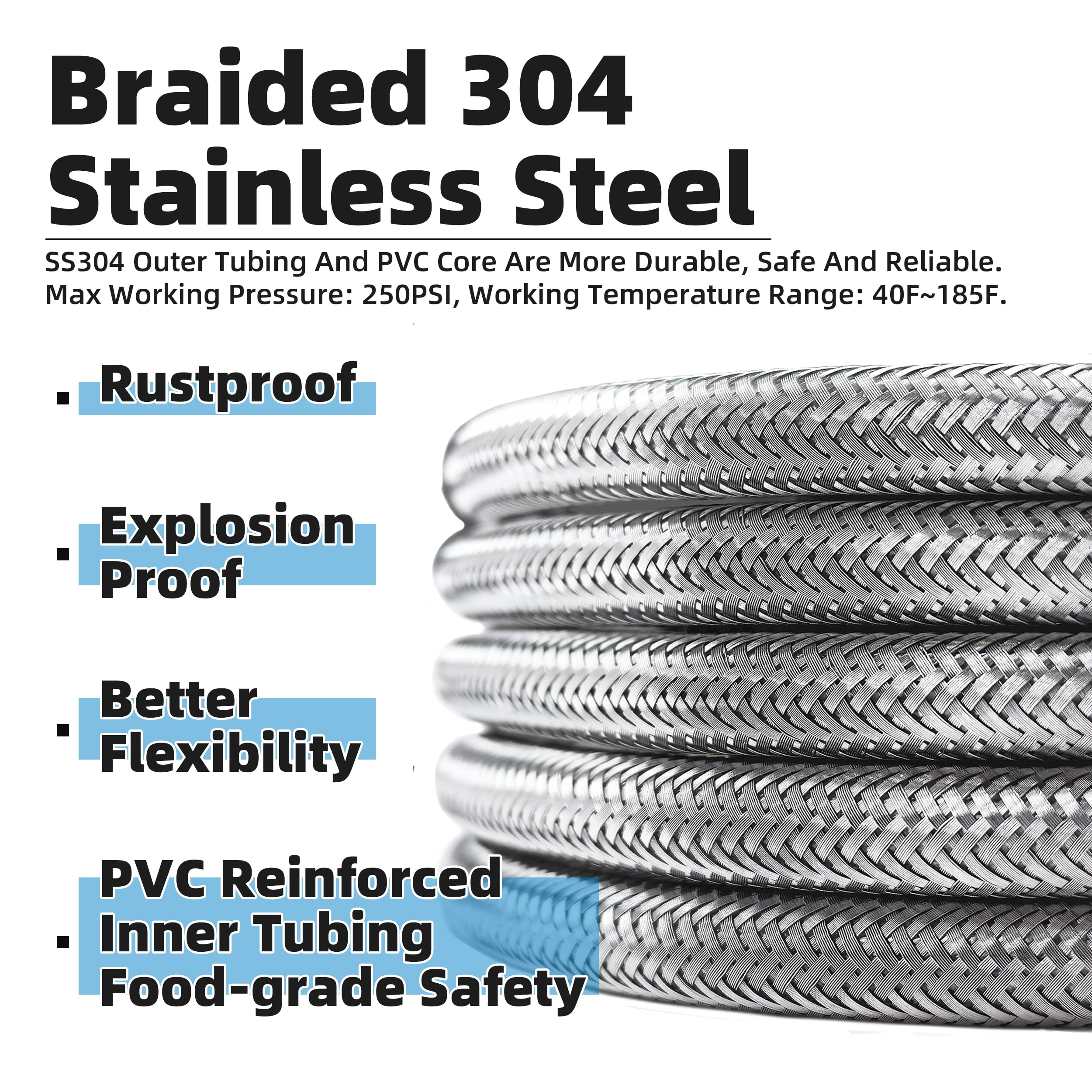 TTFLEX 25FT Braided Stainless Steel 304 Fridge Water Line with PVC Core - 1/4