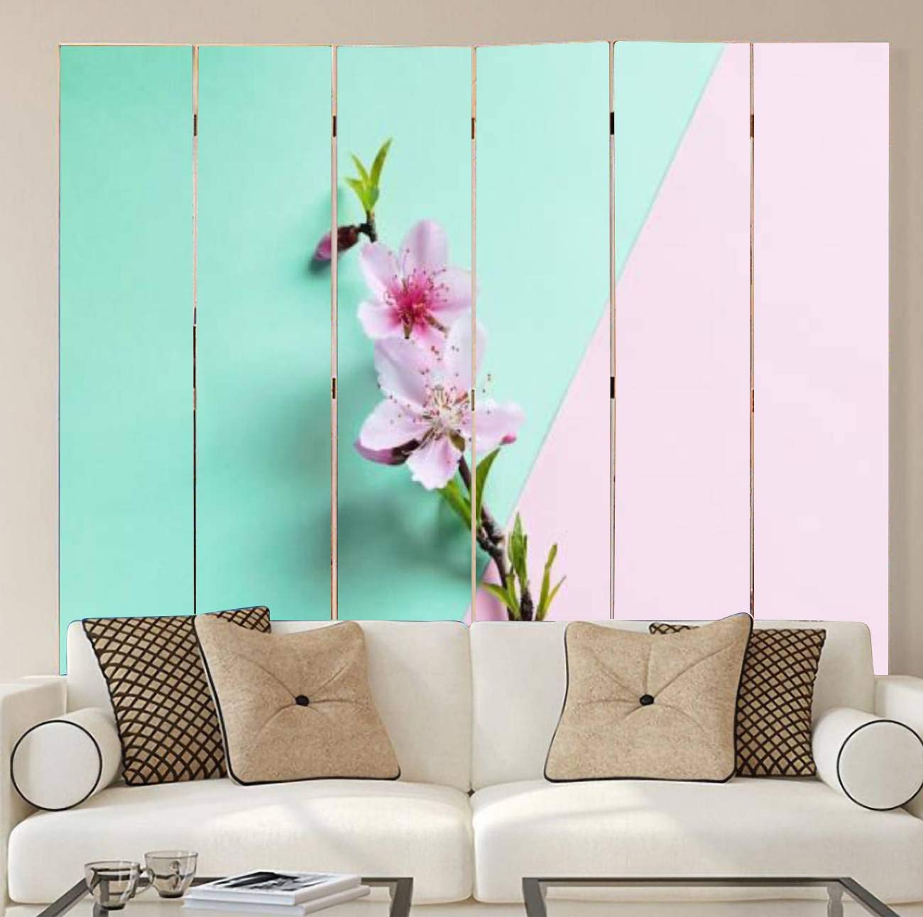 6-Panel Wooden Room Divider with Blossom Peach Branch Design - Pink & Green Canvas Folding Privacy Screen, Dual-Sided Wall Partition for Home Decor, Office Space Divider | Perfect for Living Rooms, Bedrooms & Studio Spaces