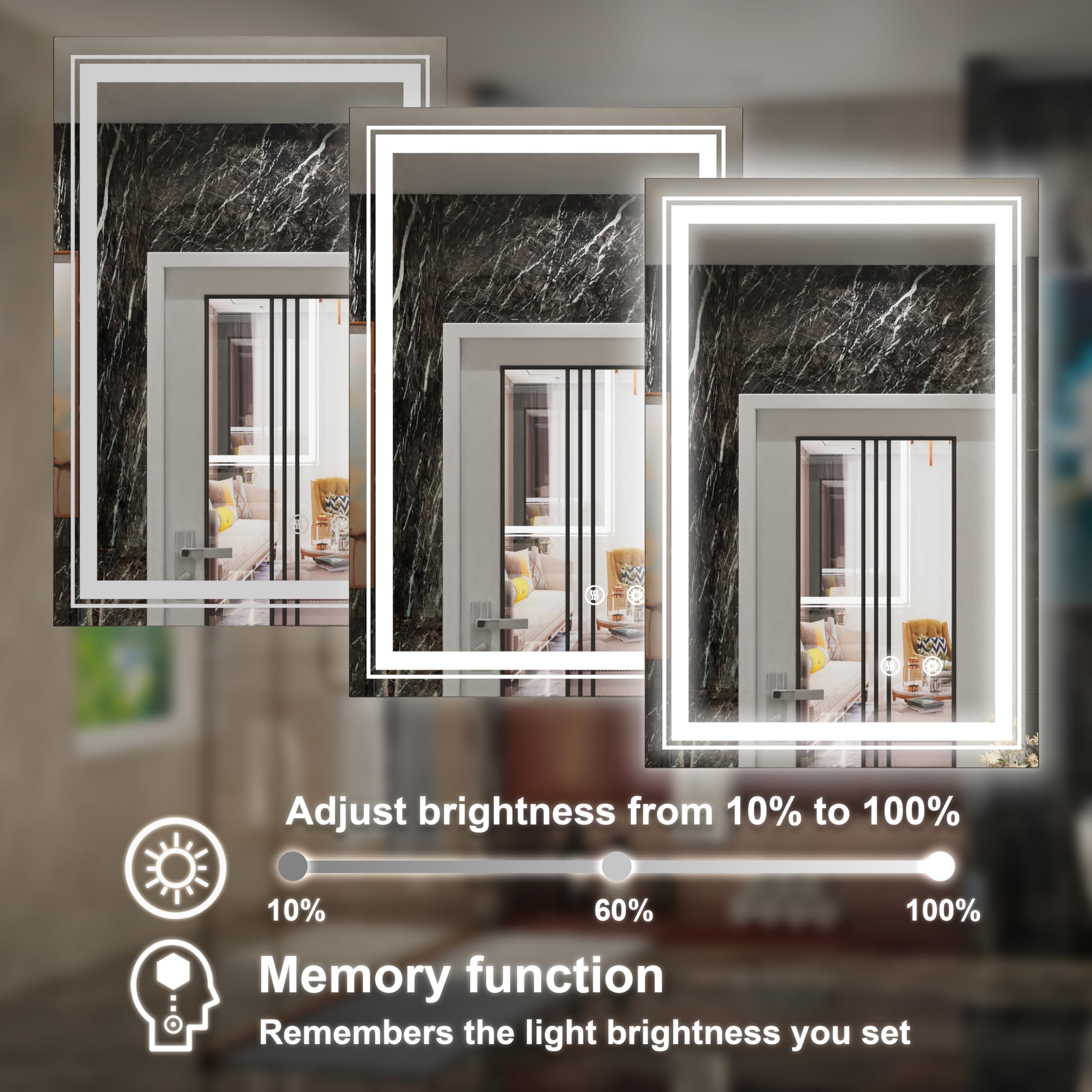 24 x 36 Inch LED Bathroom Mirror with Lights - Dimmable Anti-Fog Vanity Mirror with Memory Function, 6000K Natural Light, Wall Mounted (Horizontal/Vertical) for Makeup, Shaving & Home Decor