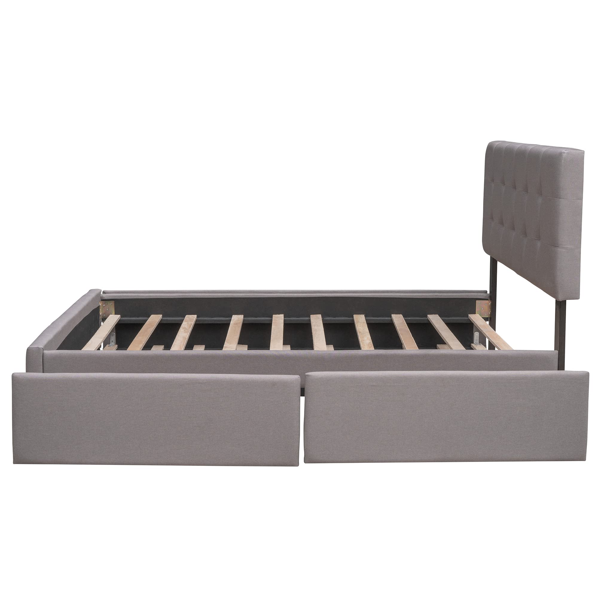 P PURLOVE Queen Size Upholstered Linen Platform Bed Frame with Tufted Headboard & 2 Storage Drawers - Twin XL Trundle Included, No Box Spring Needed, Light Gray - Perfect for Small Bedrooms, Guest Rooms & Modern Apartments