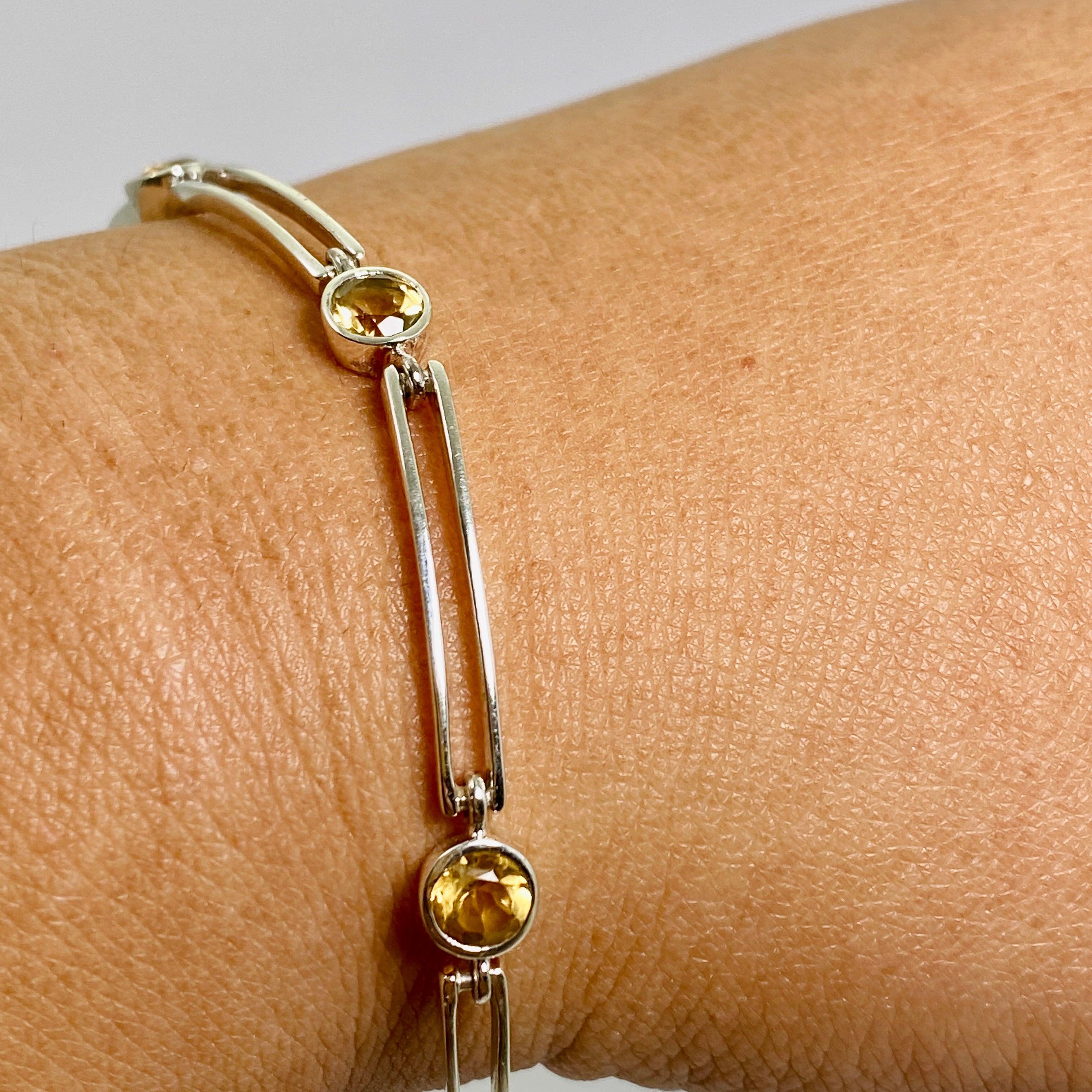 Natural Citrine Round Faceted Gemstone Silver Split Spacer Bracelet for Women - Perfect for Everyday Wear, Gift Giving & Boho Jewelry Collection