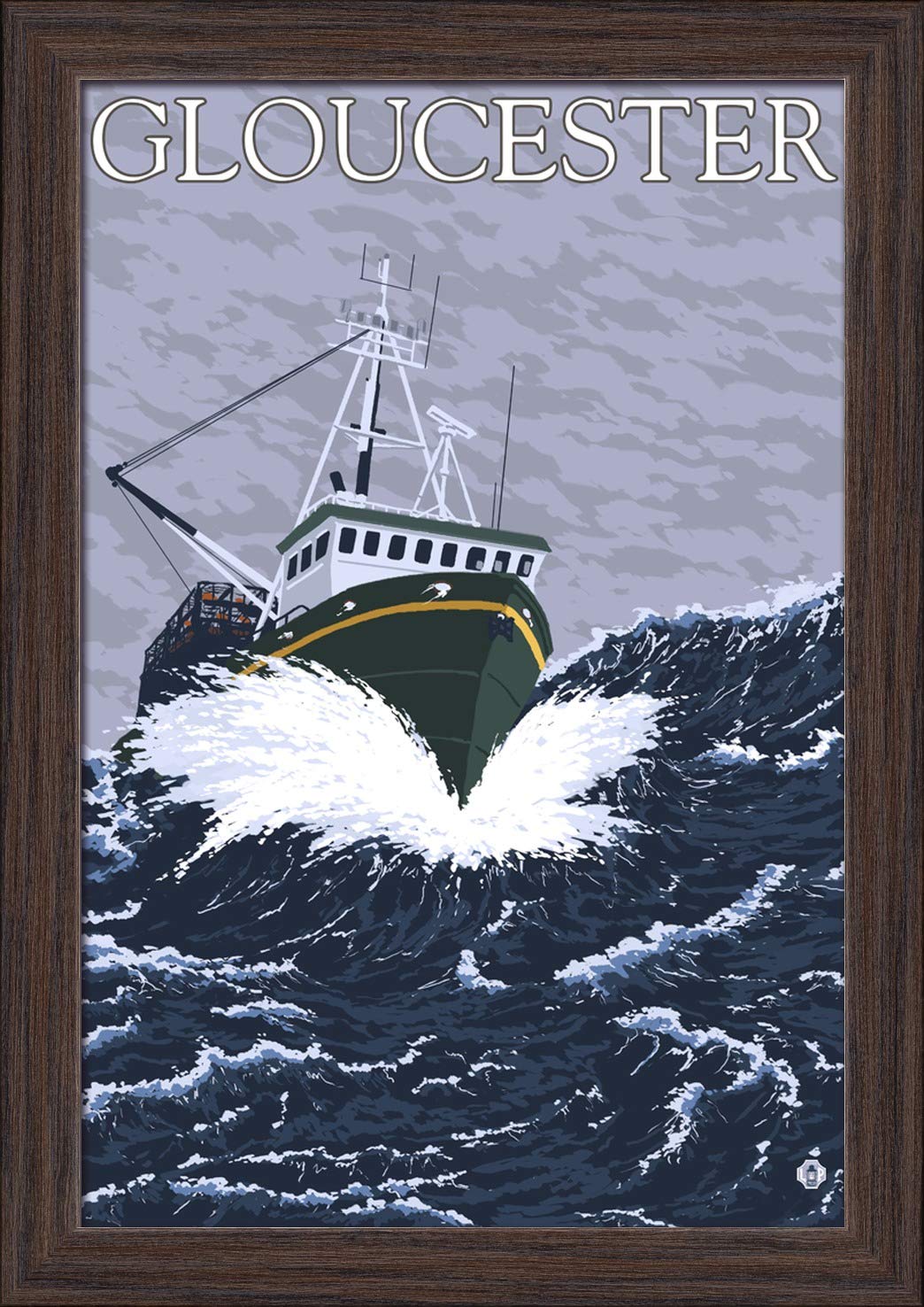 Gloucester MA Fishing Boat - 12x18 Giclee Fine Art Print in Recycled Wood Frame (Espresso Brown) - Coastal Decor, Nautical Wall Art for Living Room, Office, or Beach House