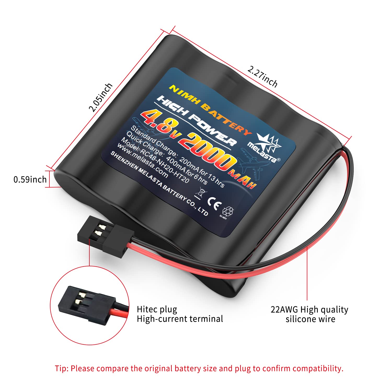 Melasta 2 Pack 4.8V 2000mAh NiMH RC Receiver Battery with Hitec Connectors - Compatible with Futaba RC Airplane Controllers & RC Aircrafts (Includes Tamiya to Hitec Plug, Both Female) - Perfect for RC Hobbyists, Drone Enthusiasts and Remote Control Aircraft Maintenance