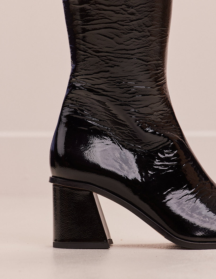 Lisette Black Patent Pleather Boots for Women - Stylish & Comfortable for Office, Parties & Night Out