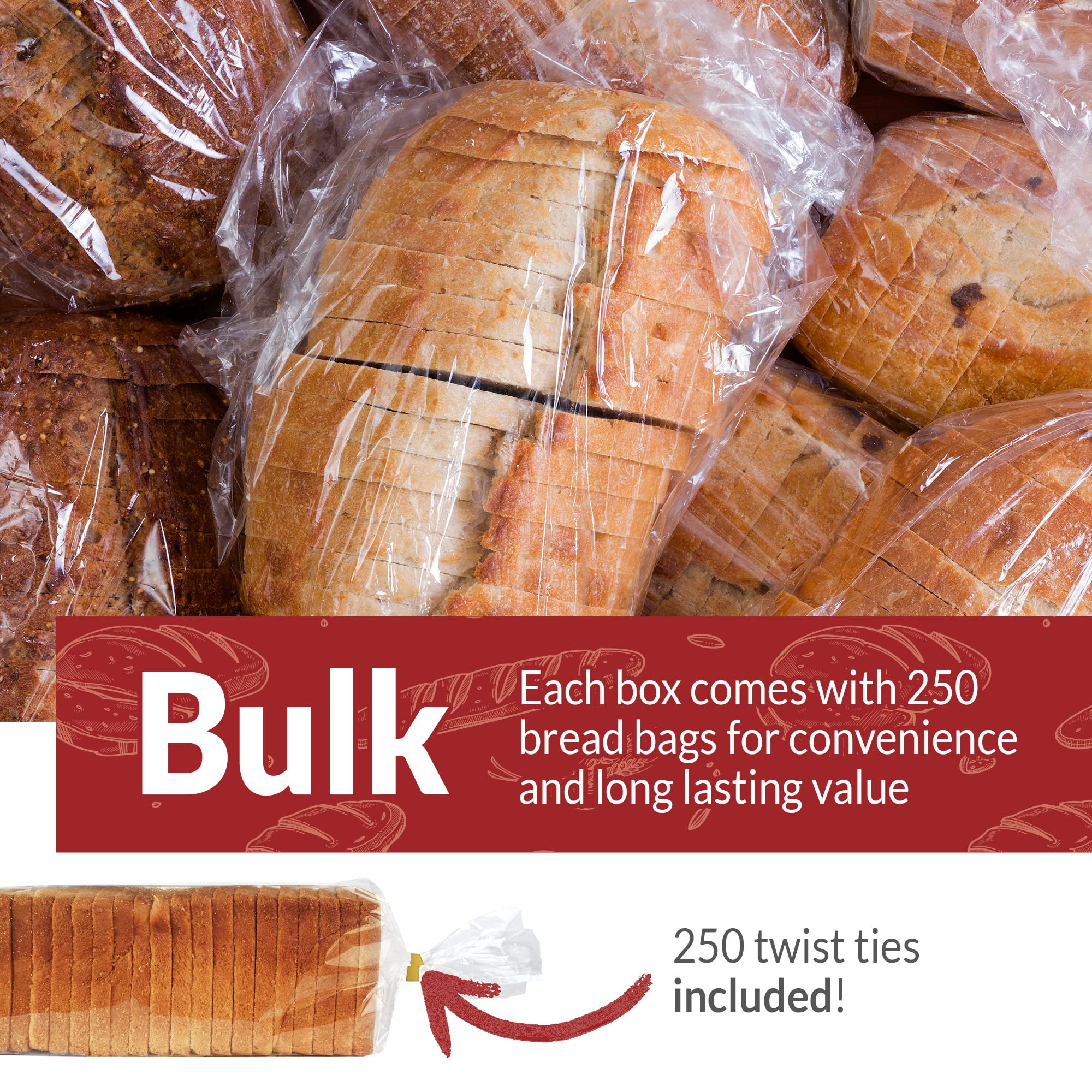 Reliable Clear Plastic Bread Bags with Twist Ties - 8x4x18 Inches, 250 Pack - Bulk Bakery Bags for Homemade Bread, Loaf Packing & Fresh Storage - Perfect for Bakeries, Home Baking & Food Preservation