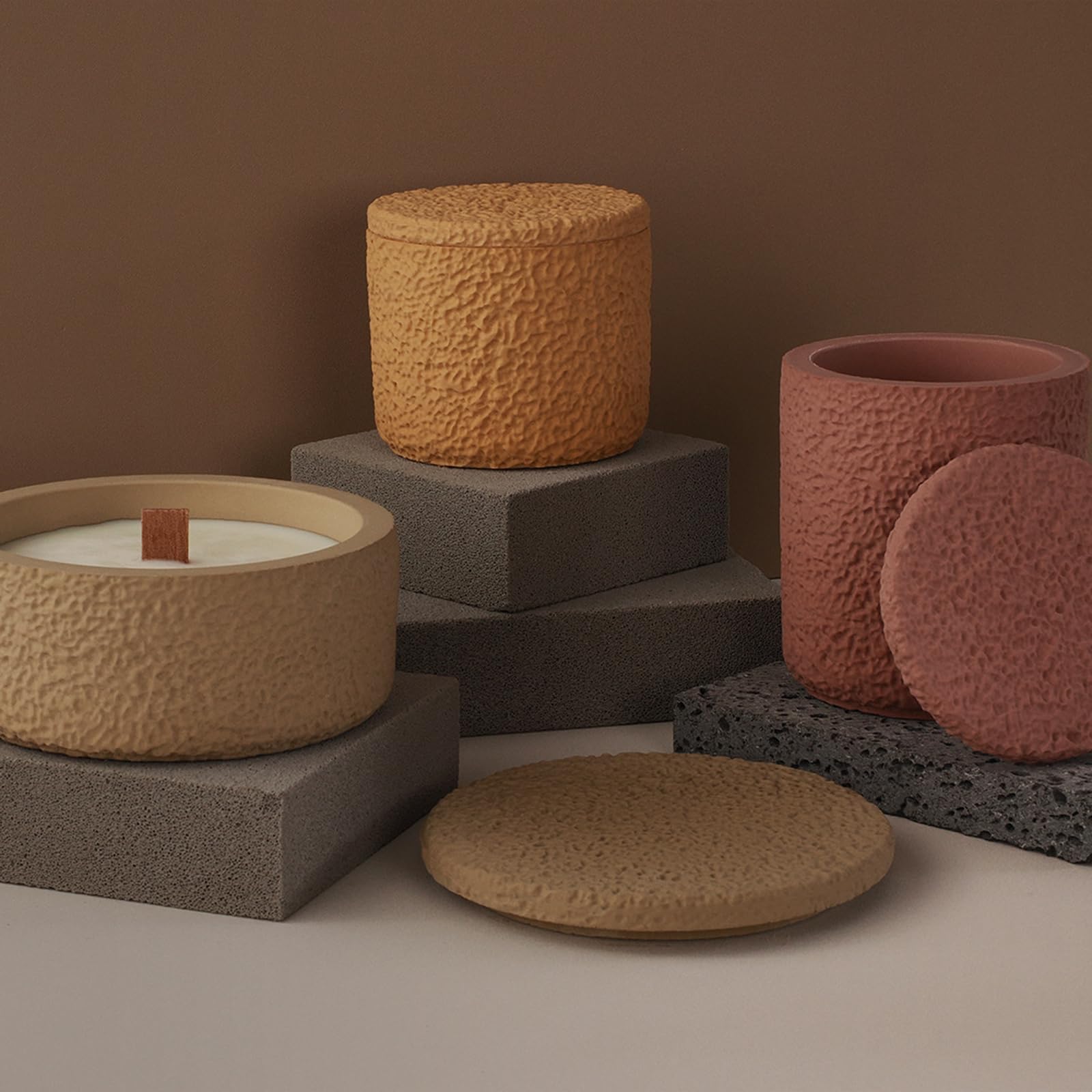 Silicone Candle Jar Molds Set with Lids - Round Concrete Stripe Candle Vessels & Storage Box for DIY Candle Making, Home Decor & Gift Packaging (A-Rough) | Perfect for Handmade Candles, Bathroom Storage & Decorative Containers
