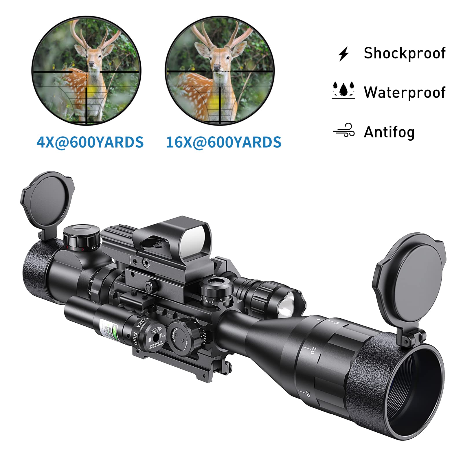 4-16x50AO Rifle Scope with Red/Green Illumination & Green Laser Sight - 5 Brightness Modes, Holographic Reticle Red Dot for Rail Mount - Perfect for Hunting, Target Shooting, and Tactical Operations