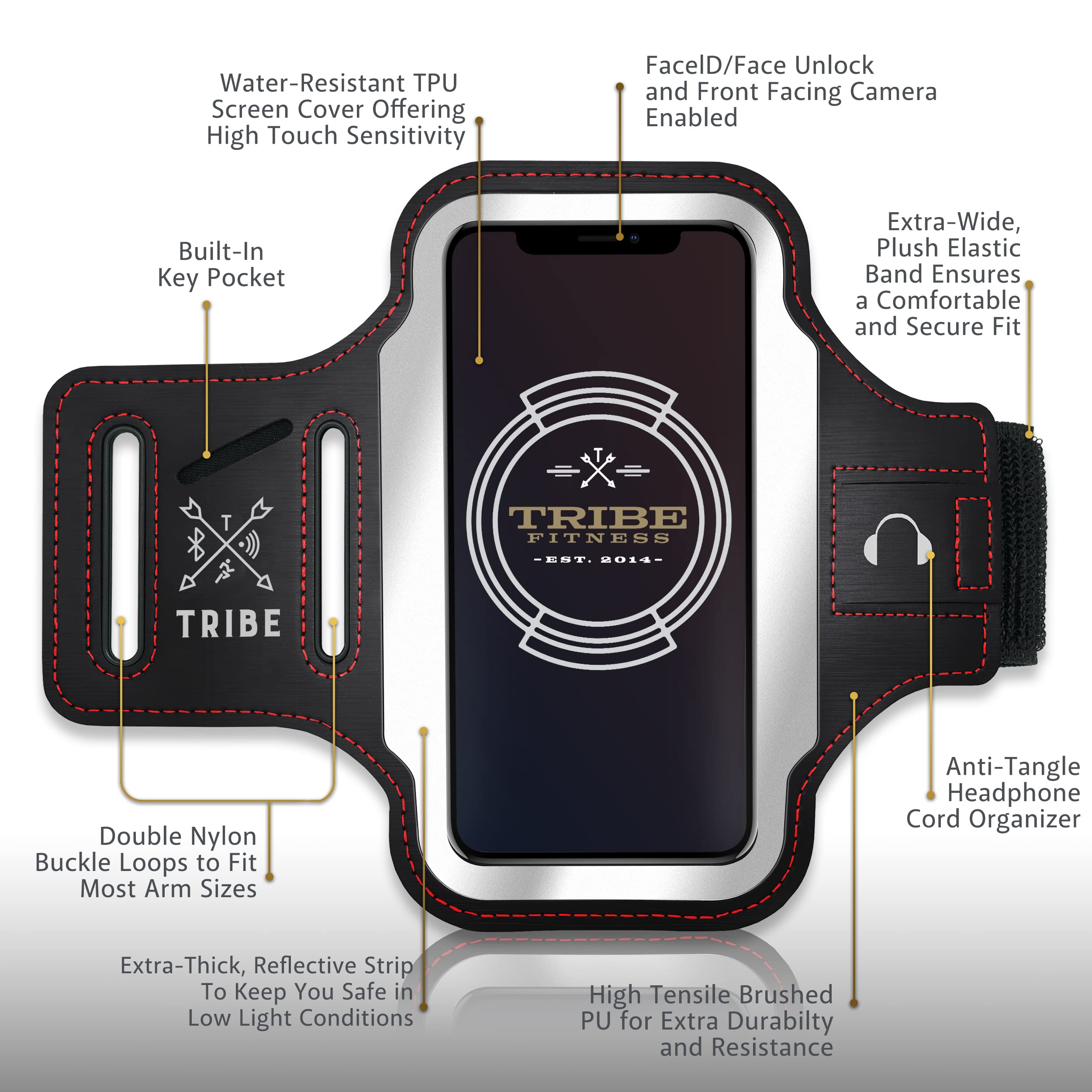 TRIBE Running Phone Holder Armband for iPhone & Galaxy - Adjustable Sports Armband for Men & Women - Perfect for Running, Jogging, Walking, Gym Workouts - Fits All Smartphones with CC/Key Pocket - Stay Connected During Outdoor Activities & Fitness Training