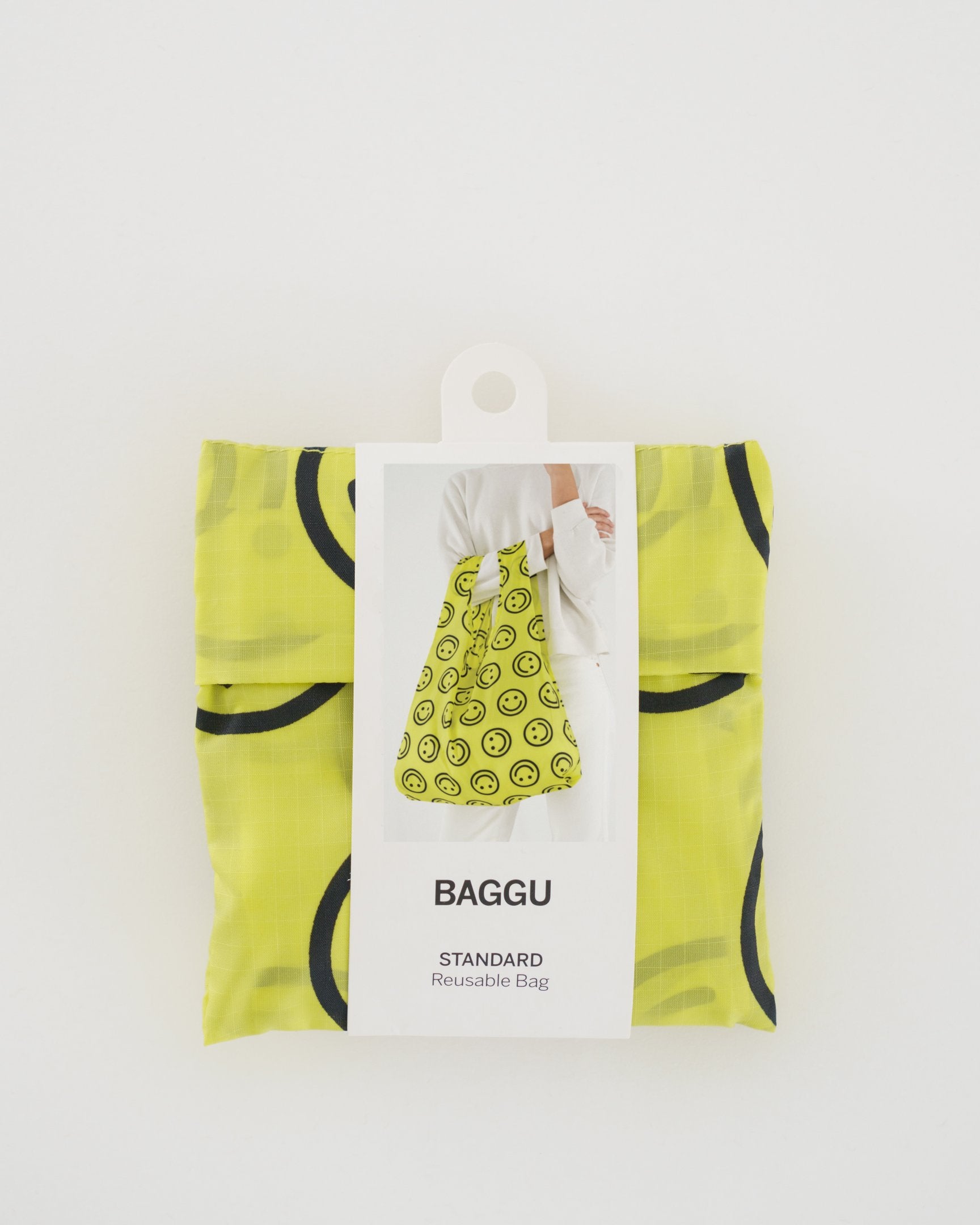 Baggu Standard Reusable Shopping Bag - Eco-Friendly Foldable Tote for Groceries & Beach (Yellow Happy) | Perfect for Grocery Shopping, Travel & Daily Errands